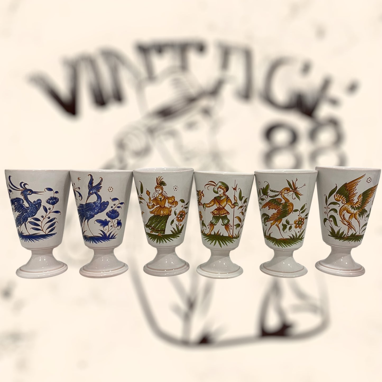 Juego de copas de cerámica Francesa Moustiers G. F vintage