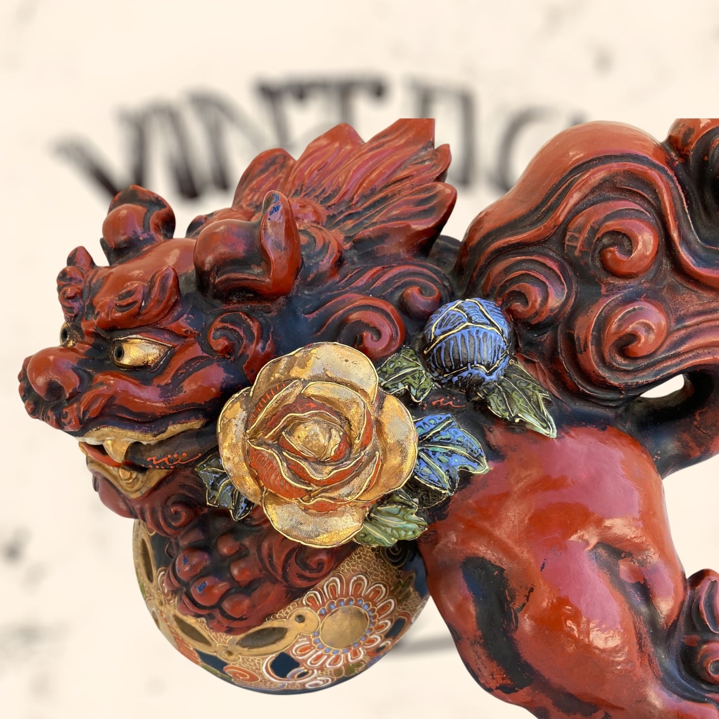 Dragón Foo de Feng Shui de cerámica Japonesa Kutani
