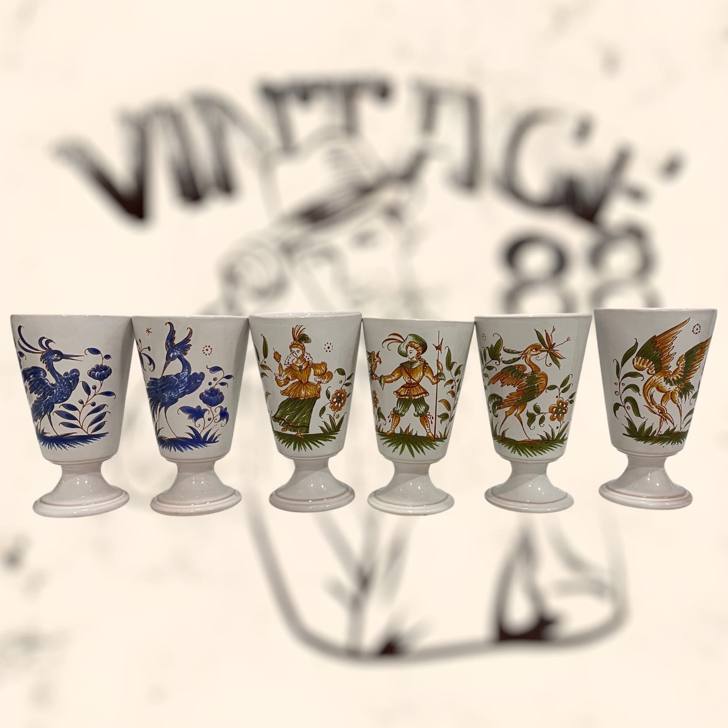 Juego de copas de cerámica Francesa Moustiers G. F vintage
