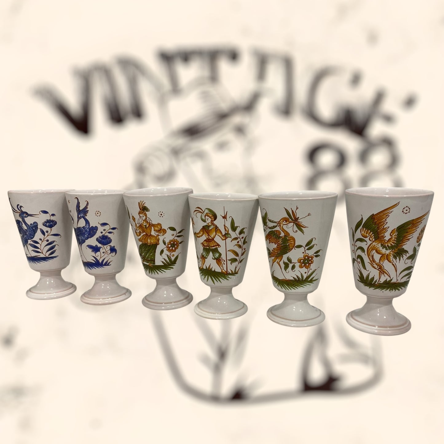 Juego de copas de cerámica Francesa Moustiers G. F vintage