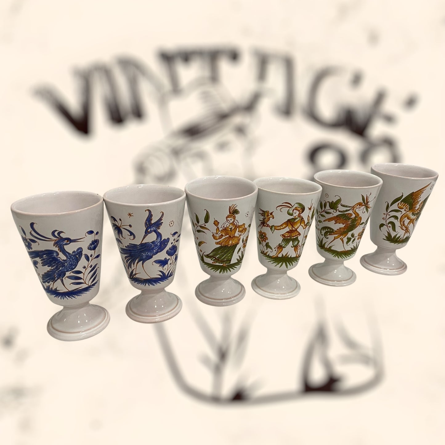 Juego de copas de cerámica Francesa Moustiers G. F vintage