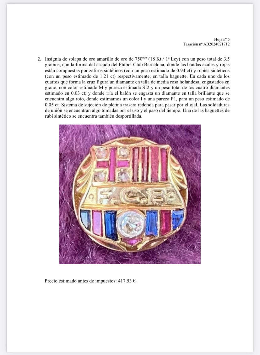 Solape del F.C Barcelona con diamantes, rubíes y Zafiros antiguo tasado en 417,53€