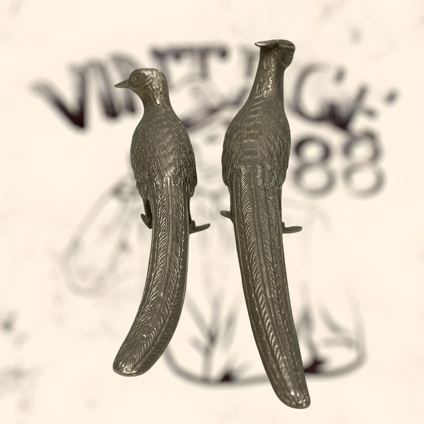 Pareja de Faisanes Valerie Graham de bronce plateado vintage