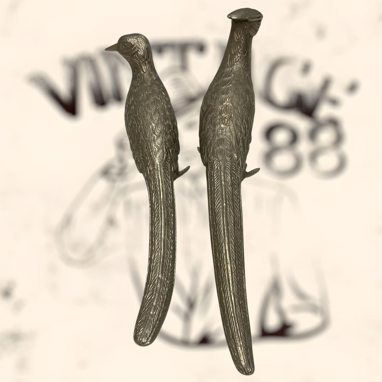 Pareja de Faisanes Valerie Graham de bronce plateado vintage