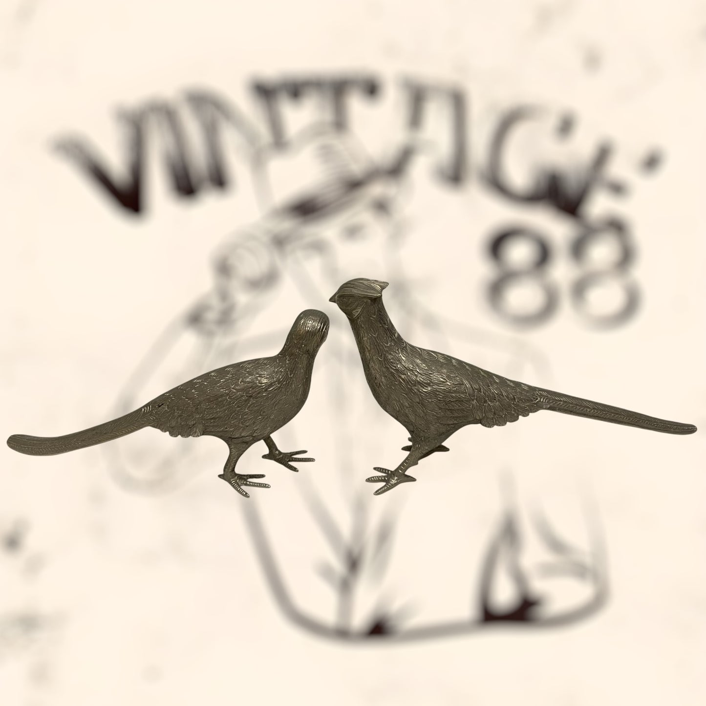 Pareja de Faisanes Valerie Graham de bronce plateado vintage