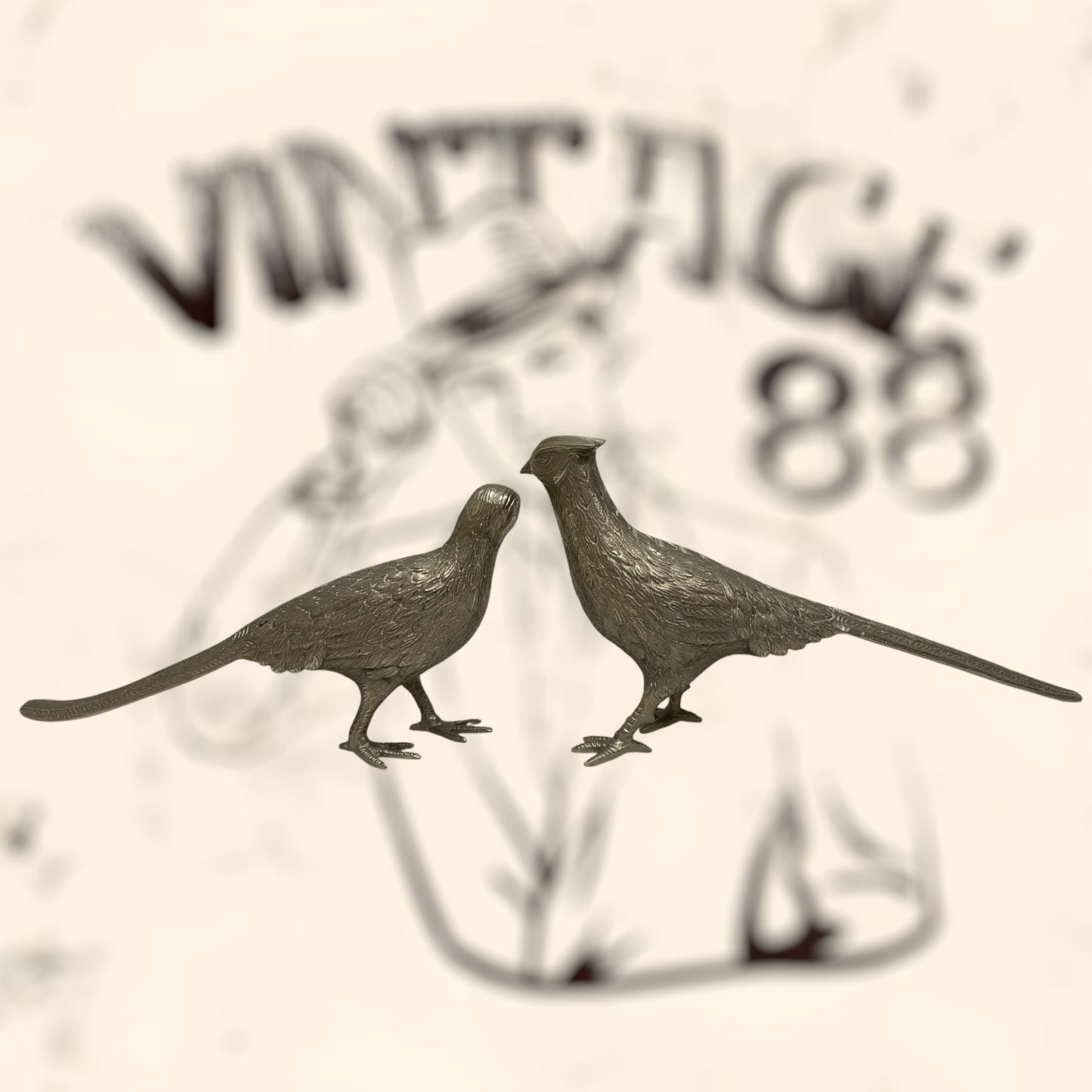 Pareja de Faisanes Valerie Graham de bronce plateado vintage