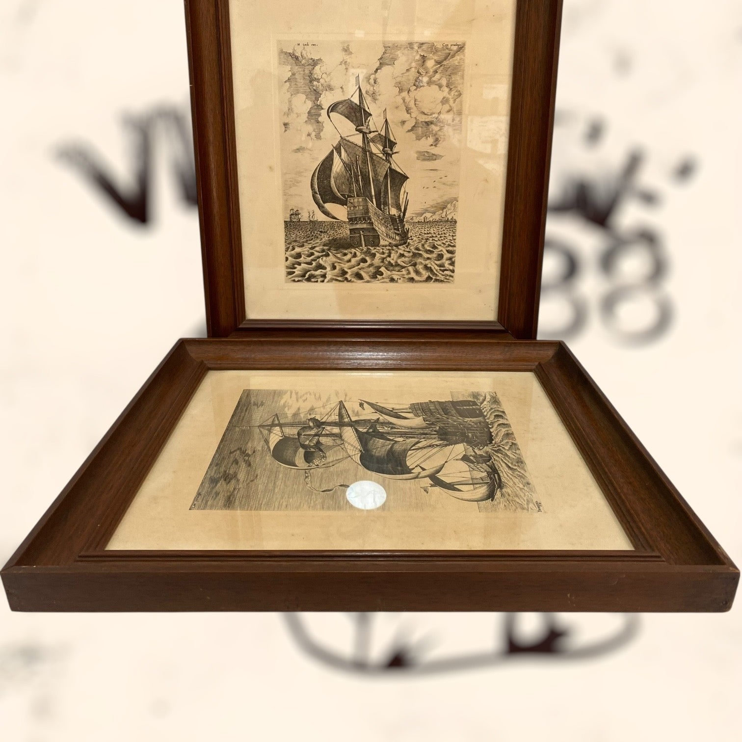 Pareja de grabados Navíos de guerra de Pieter Bruegel antiguos