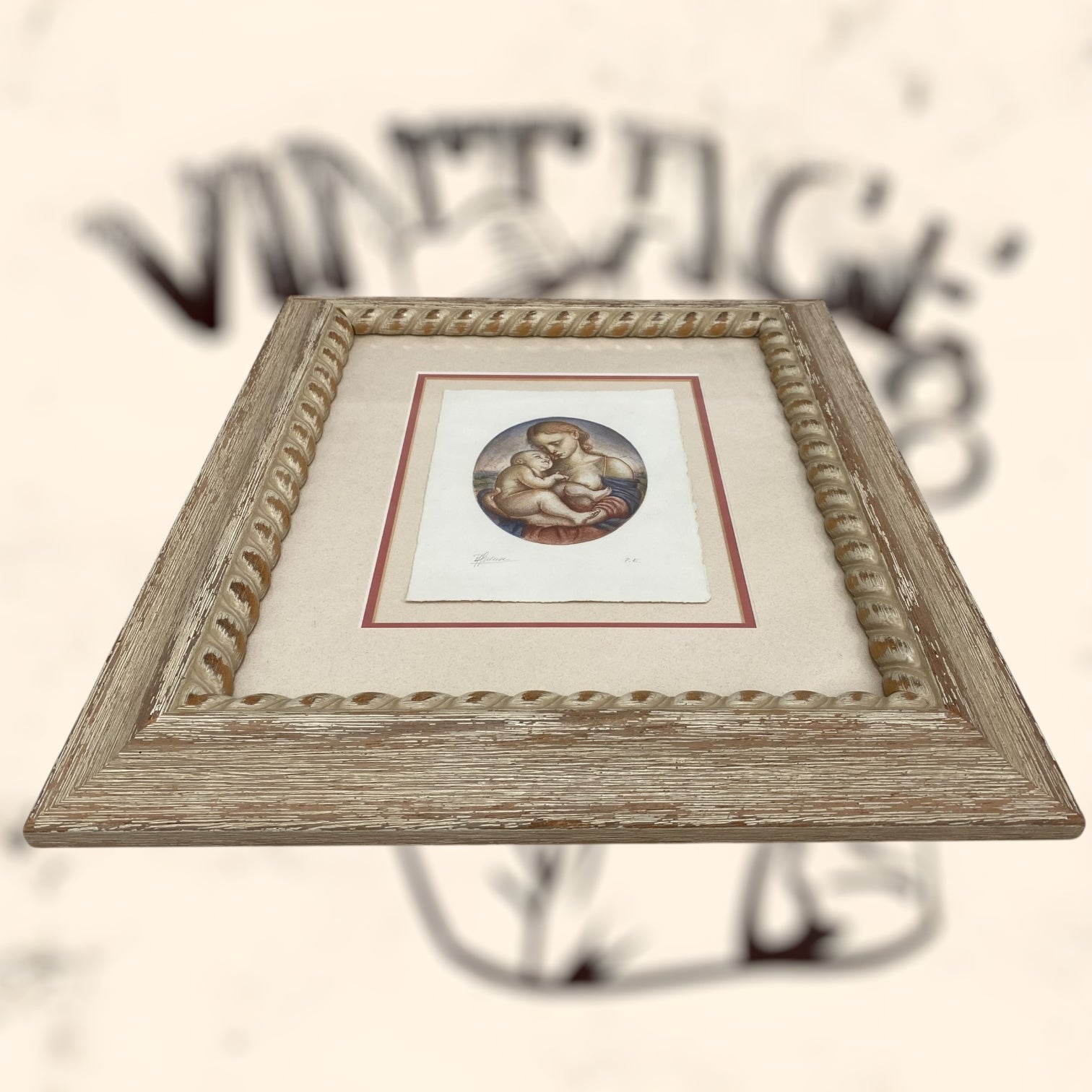 Grabado Santa Madonna e il Bambino firmado a mano P. E