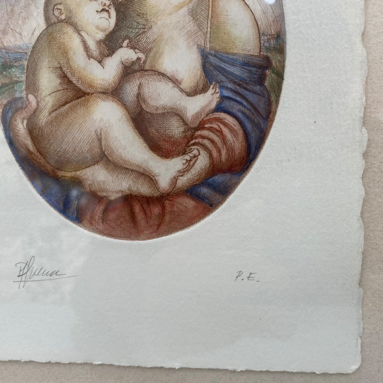 Grabado Santa Madonna e il Bambino firmado a mano P. E