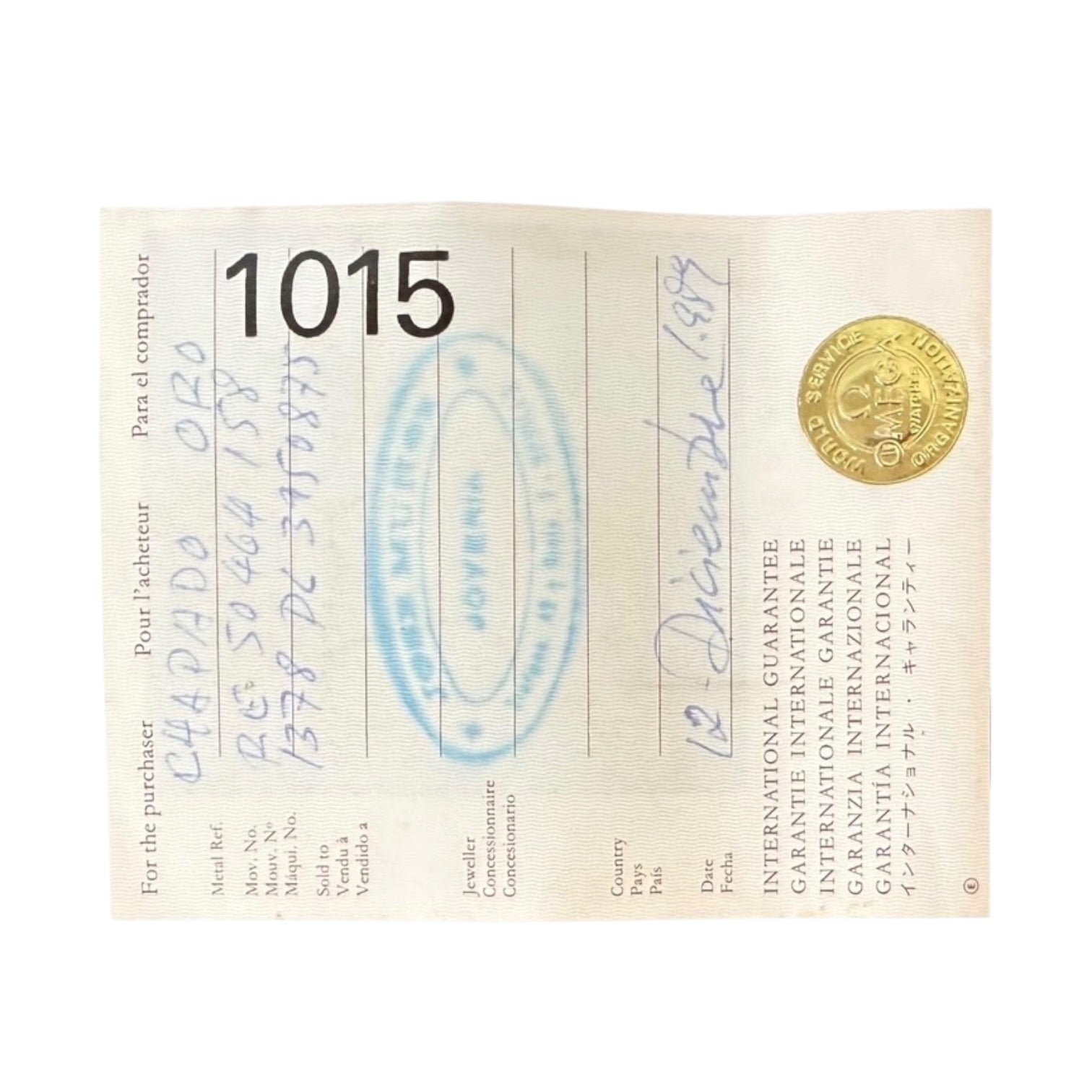 Librito de Garantía Internacional Omega Vintage de 1989