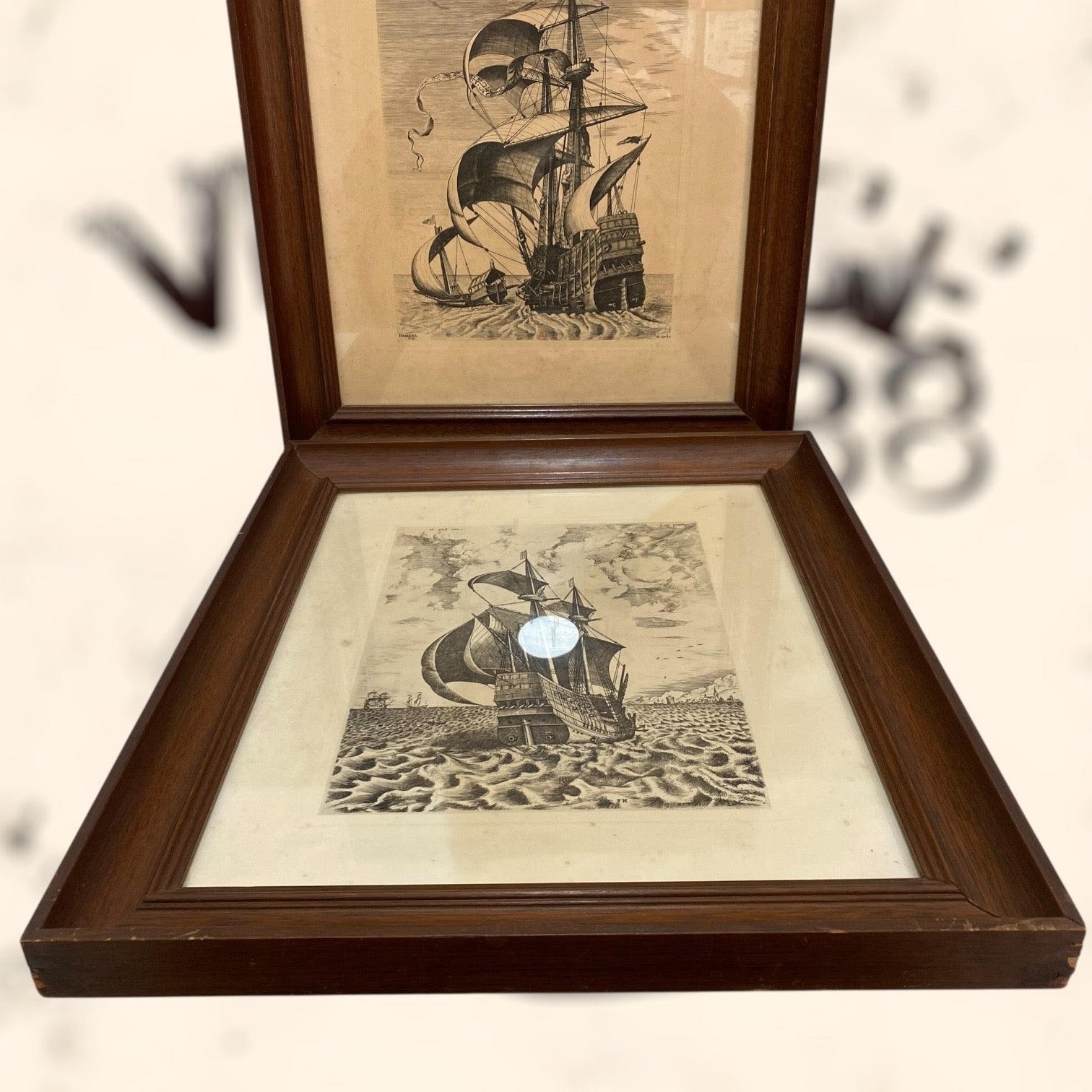 Pareja de grabados Navíos de guerra de Pieter Bruegel antiguos