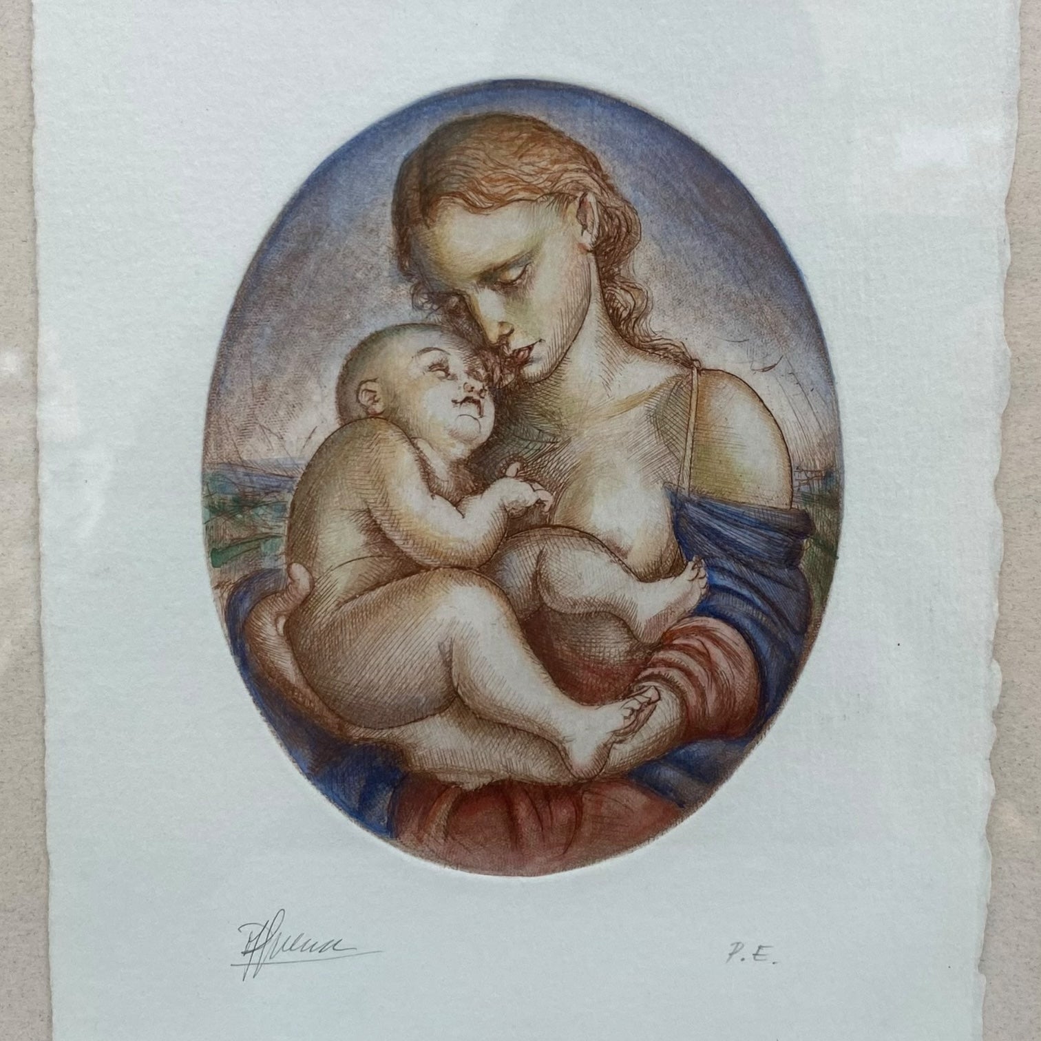 Grabado Santa Madonna e il Bambino firmado a mano P. E