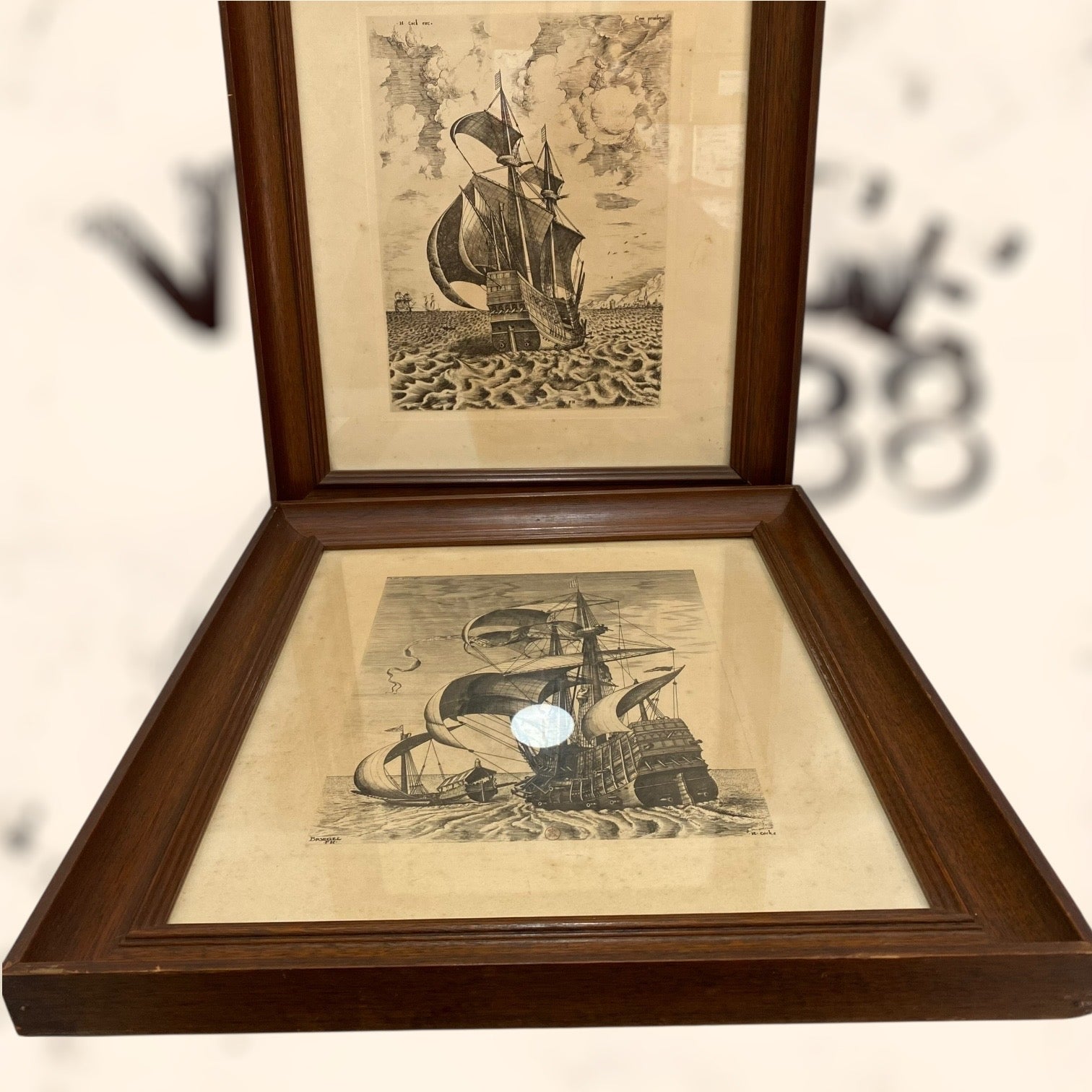 Pareja de grabados Navíos de guerra de Pieter Bruegel antiguos