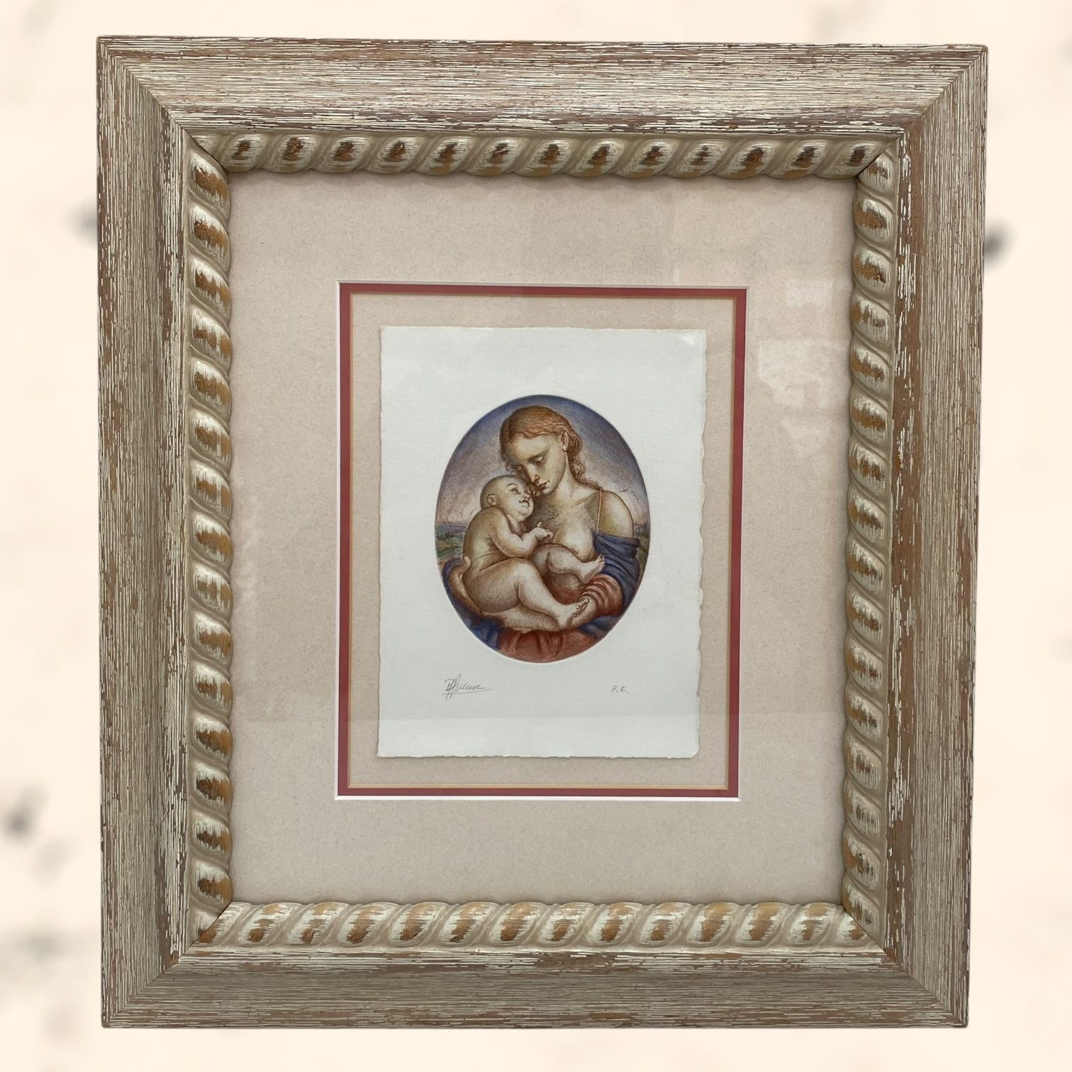 Grabado Santa Madonna e il Bambino firmado a mano P. E