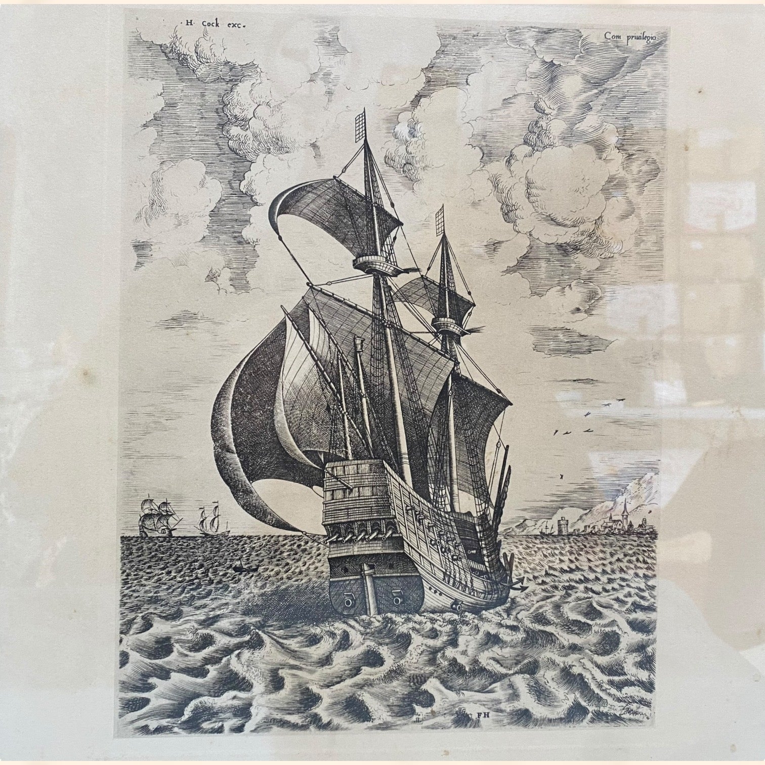 Pareja de grabados Navíos de guerra de Pieter Bruegel antiguos