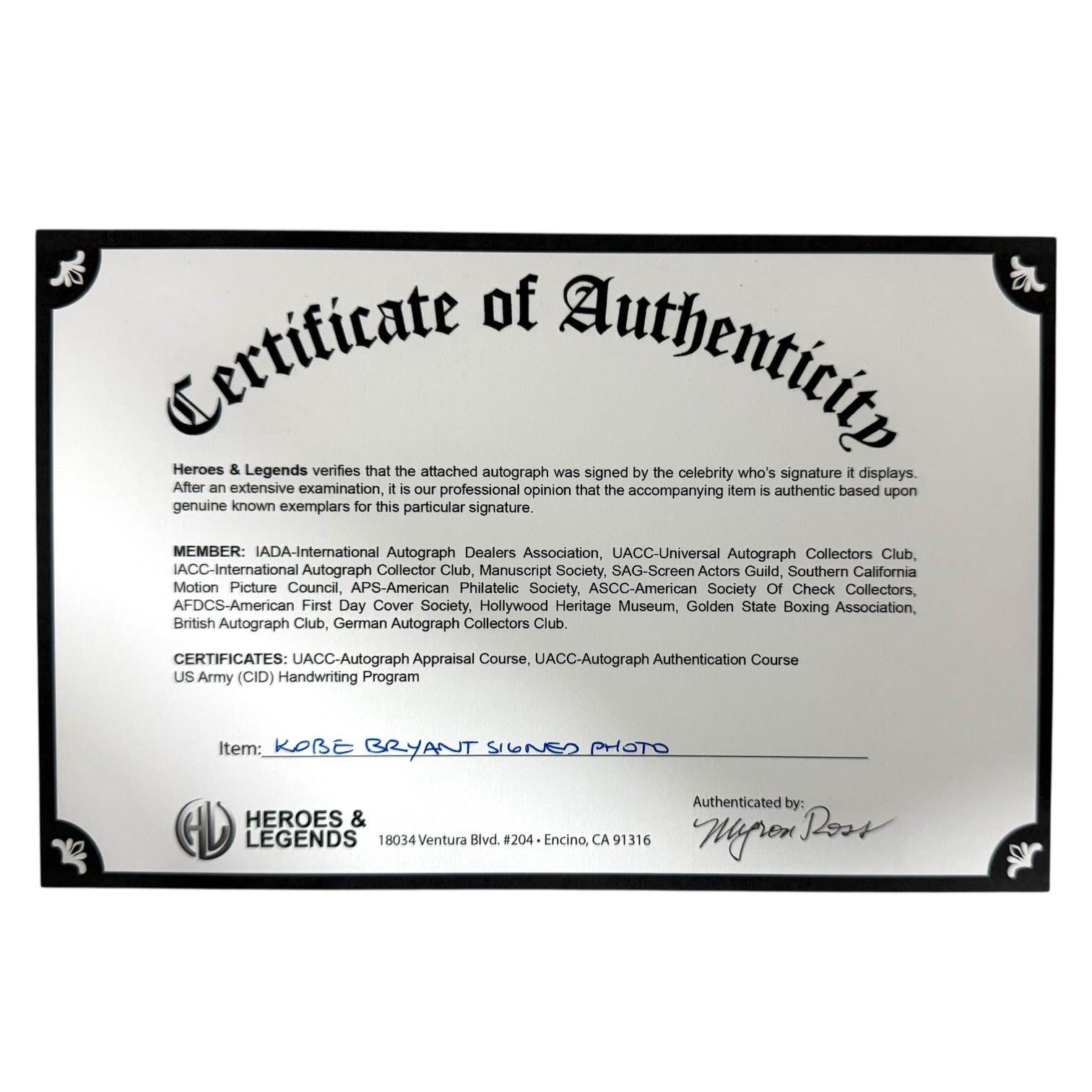 Fotografía con autógrafo original certificado de Kobe Bryant