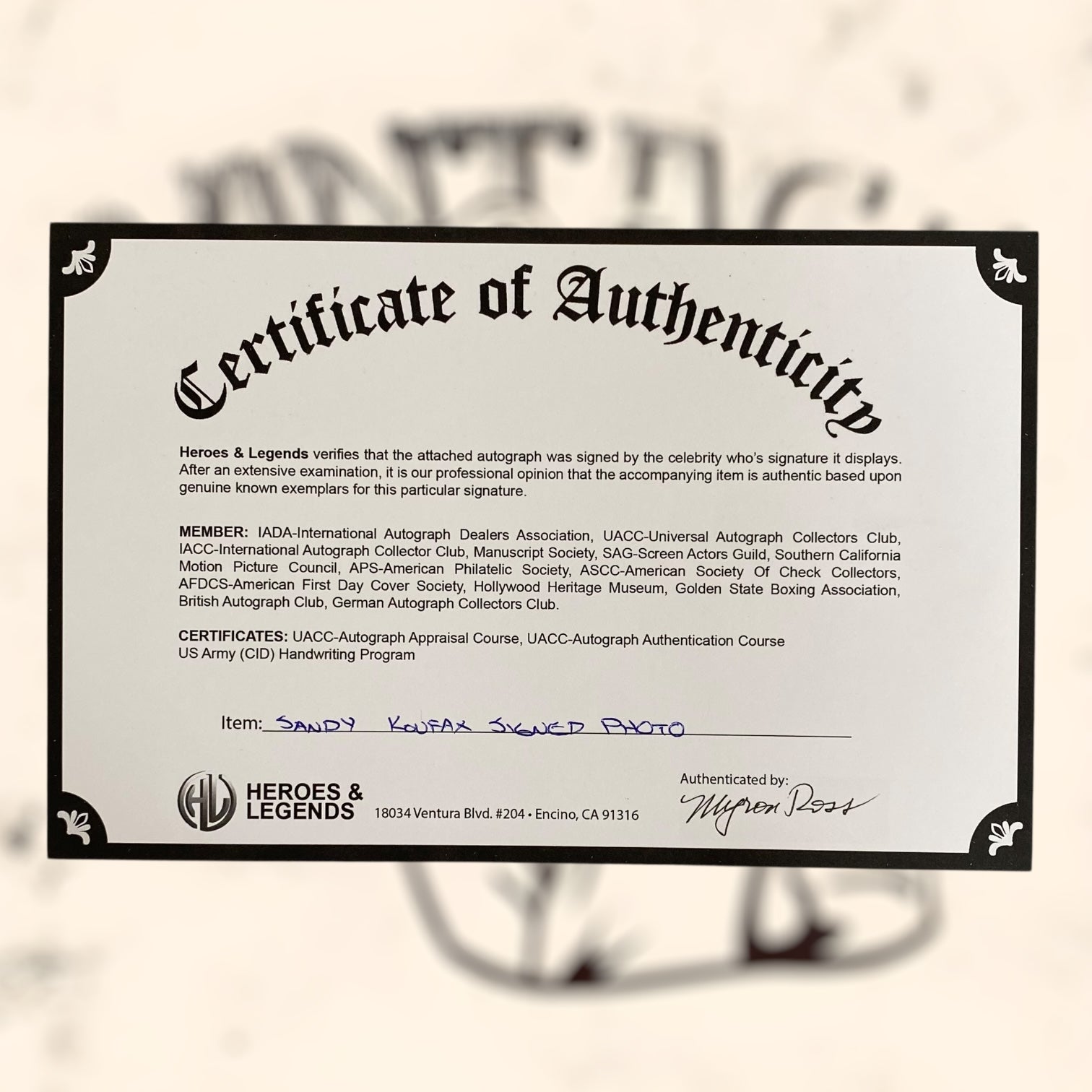 Fotografía de Sandy Koufax con autógrafo original certificado