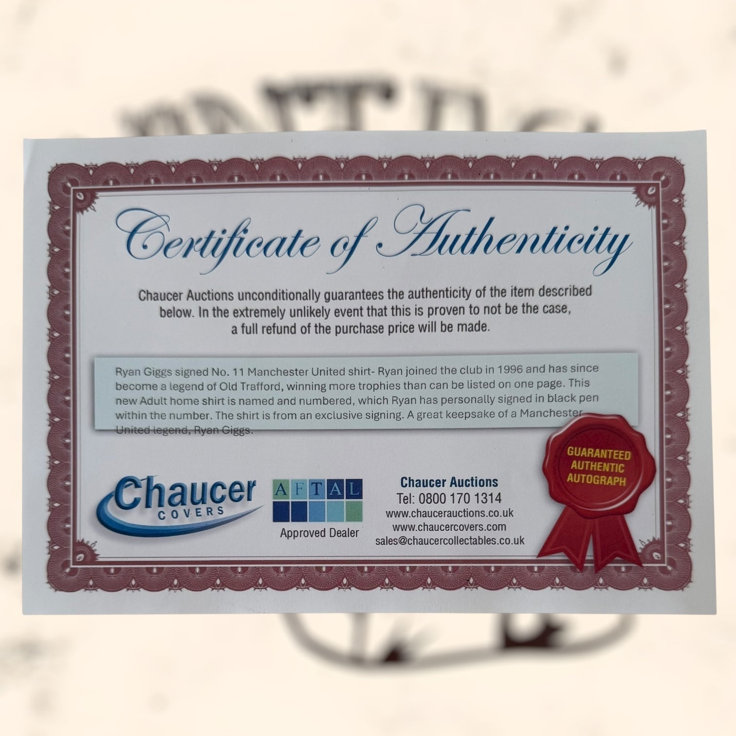 Camiseta del Manchester United con autógrafo de Ryan Giggs original certificado
