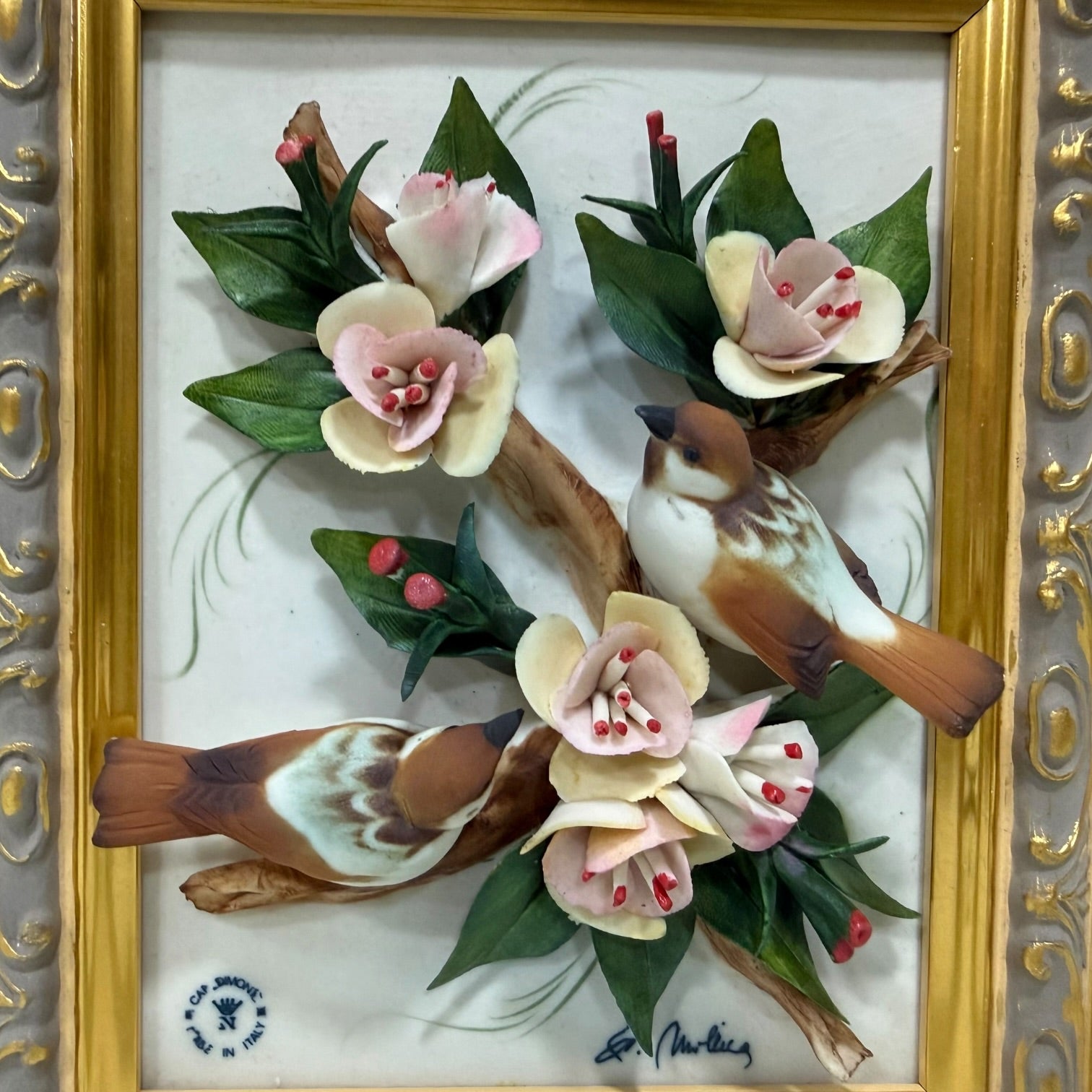 Pareja de cuadros con placas de porcelana Italiana Capodimonte vintage
