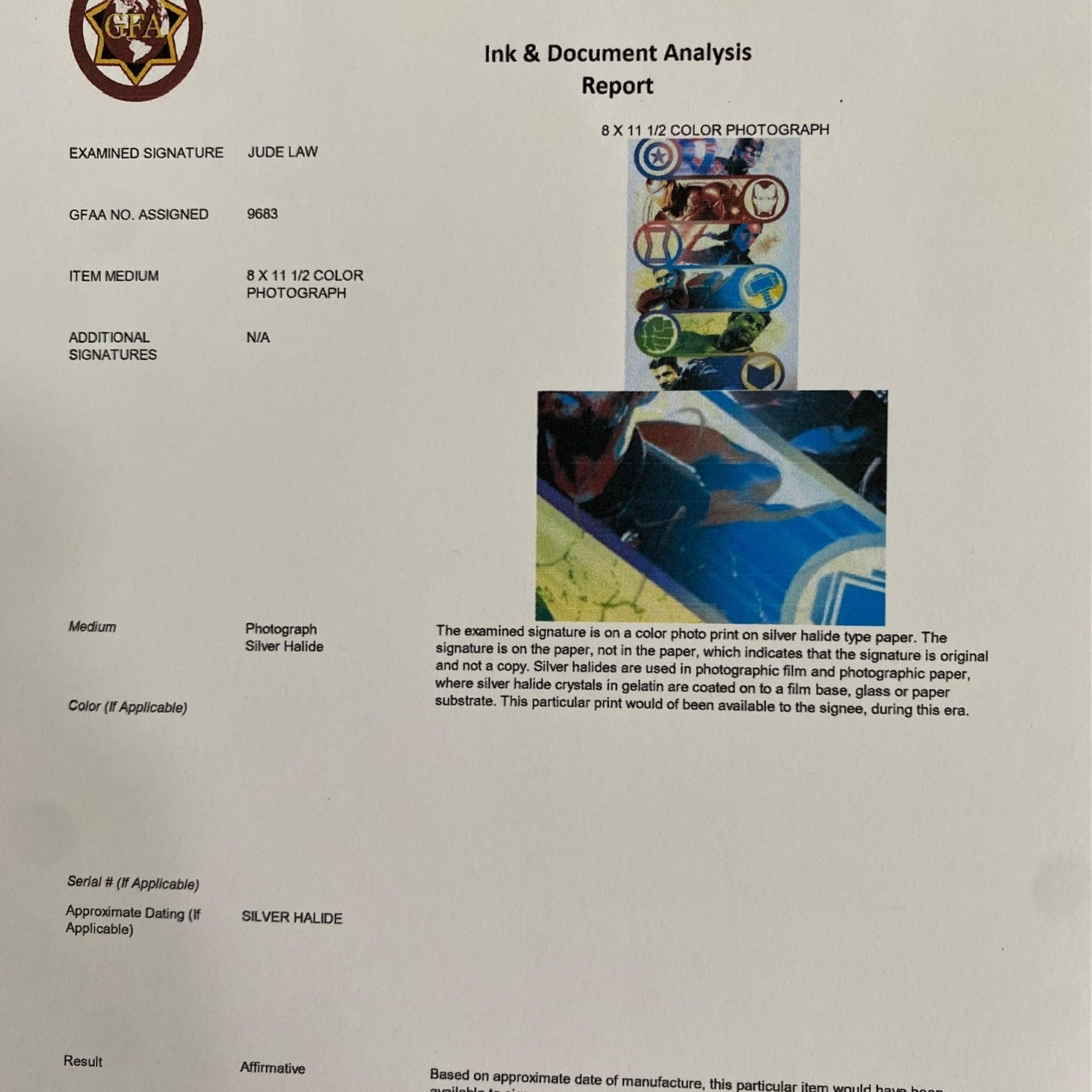 Impresión fotográfica de la película de Los Vengadores firmada por Jude Law con certificado de autenticidad