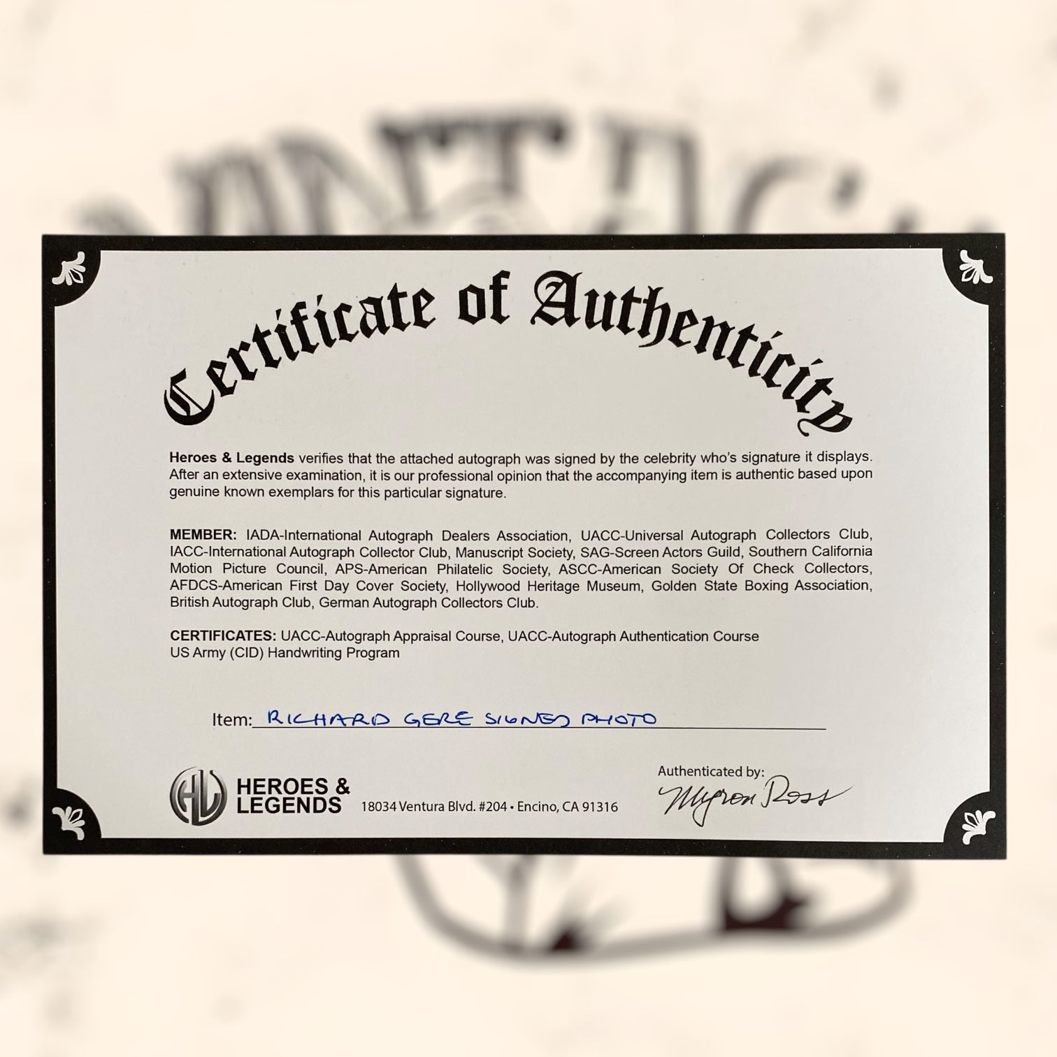 Fotografía de Richard Gere con autógrafo original certificado