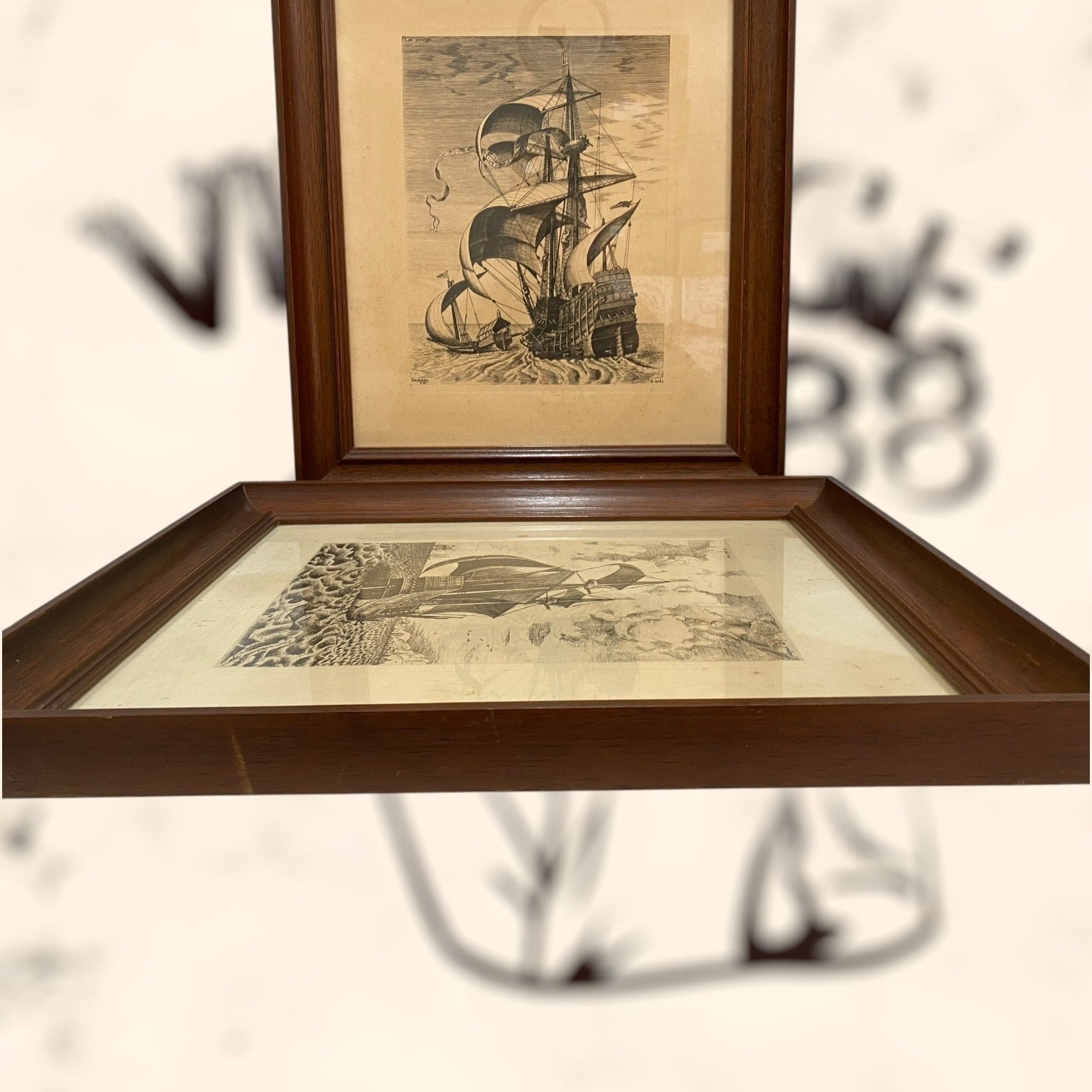 Pareja de grabados Navíos de guerra de Pieter Bruegel antiguos