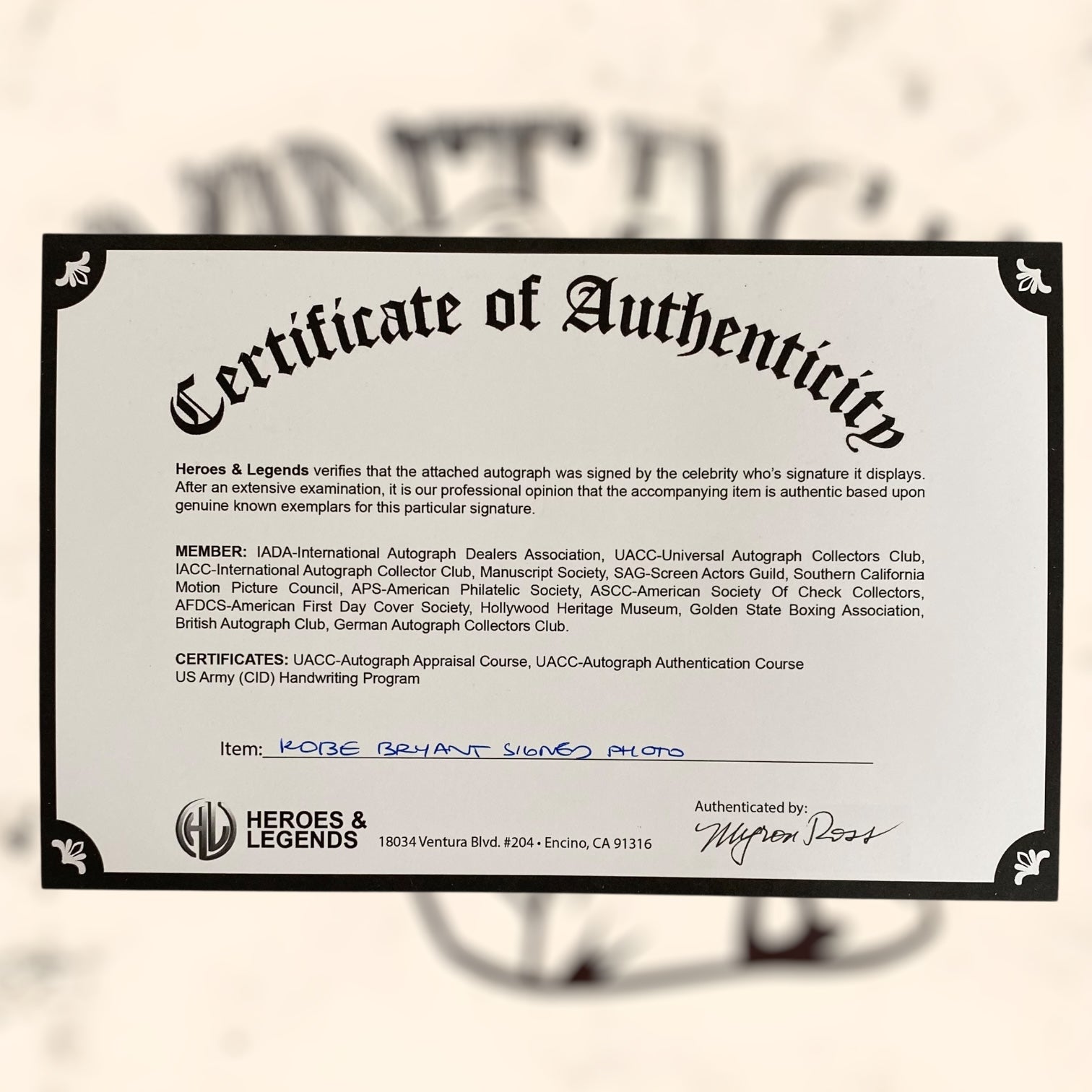 Fotografía firmada de Kobe Bryant con certificado de autenticidad