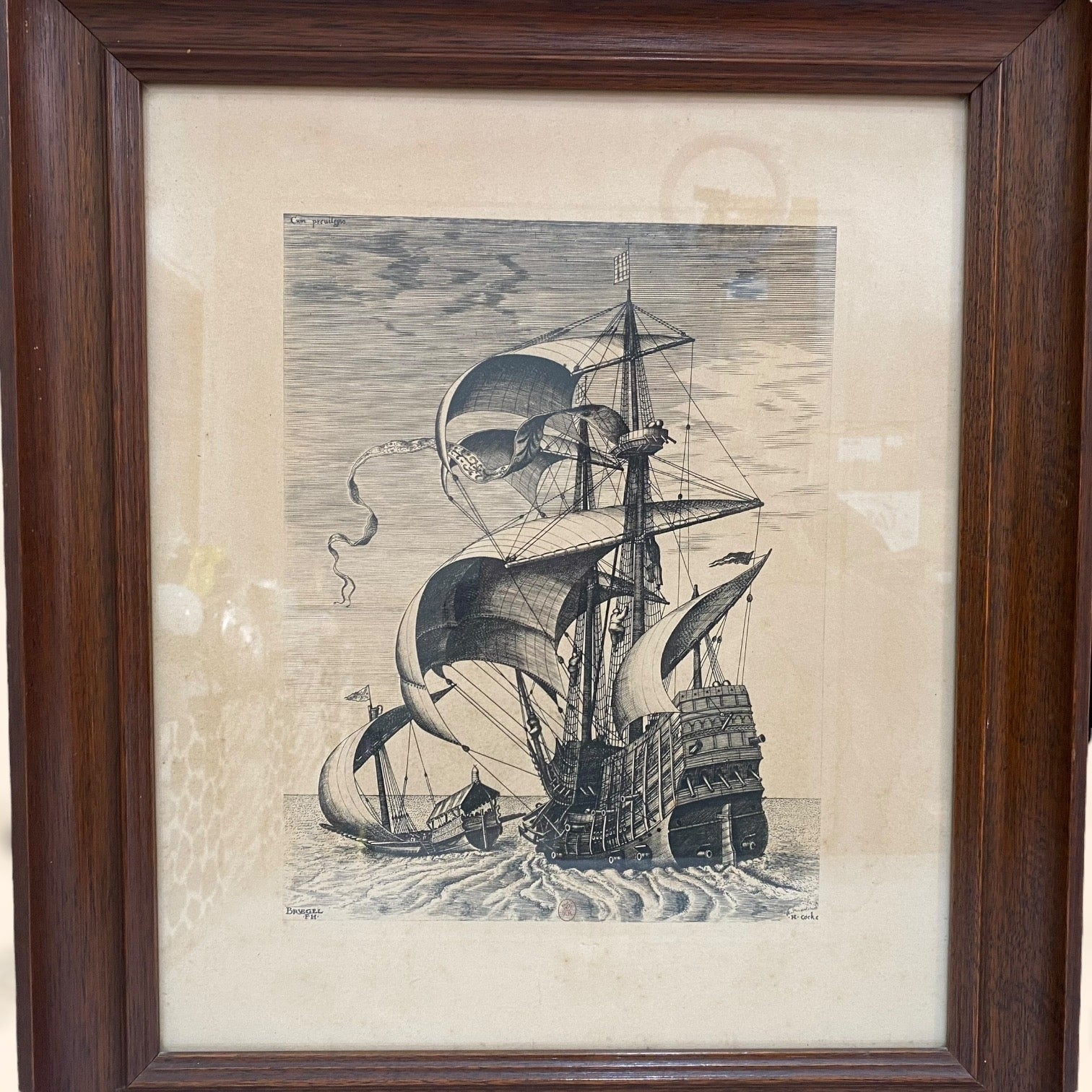 Pareja de grabados Navíos de guerra de Pieter Bruegel antiguos