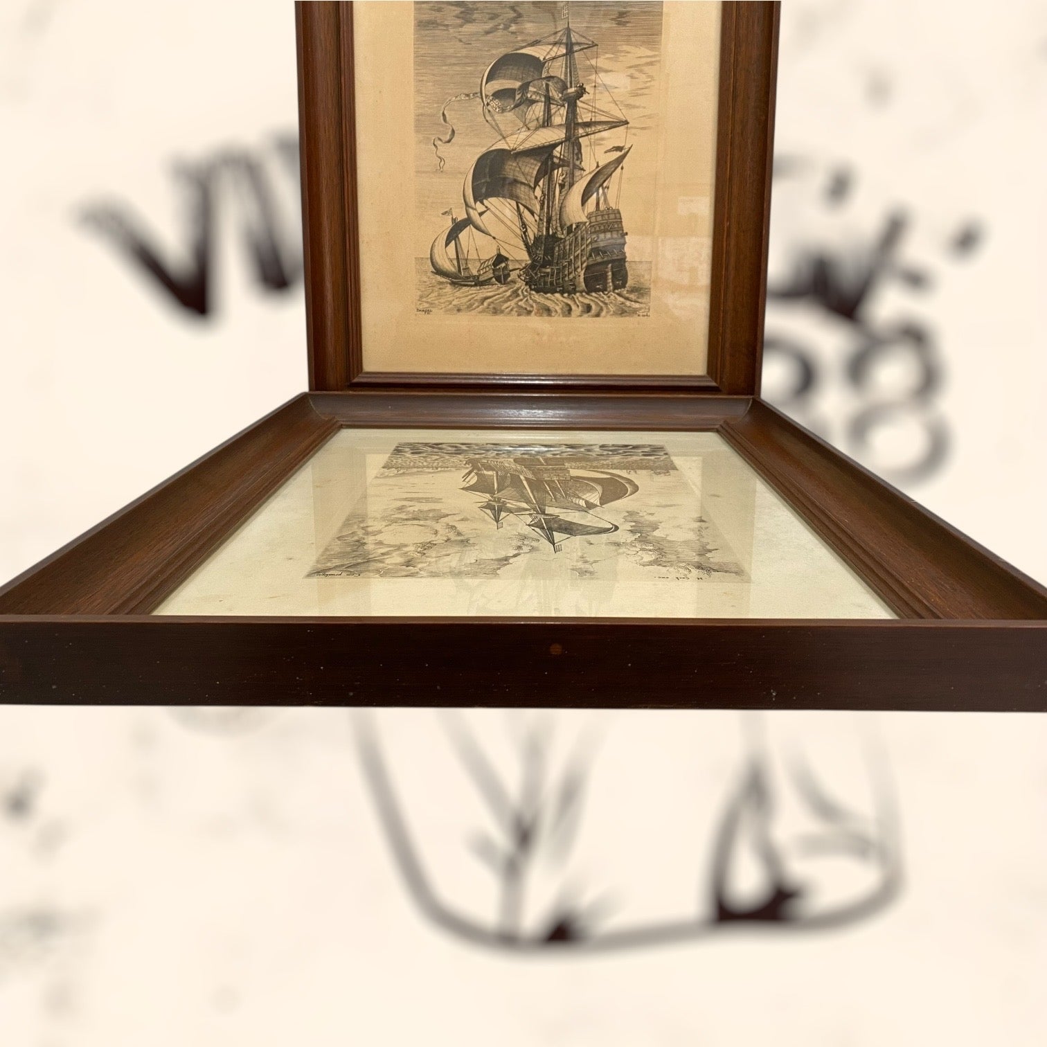 Pareja de grabados Navíos de guerra de Pieter Bruegel antiguos