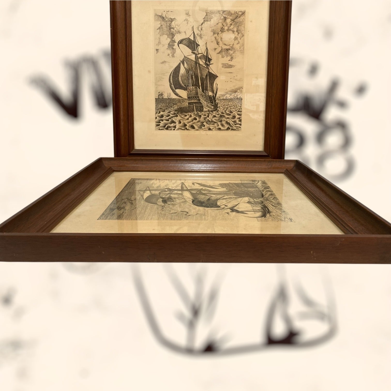 Pareja de grabados Navíos de guerra de Pieter Bruegel antiguos