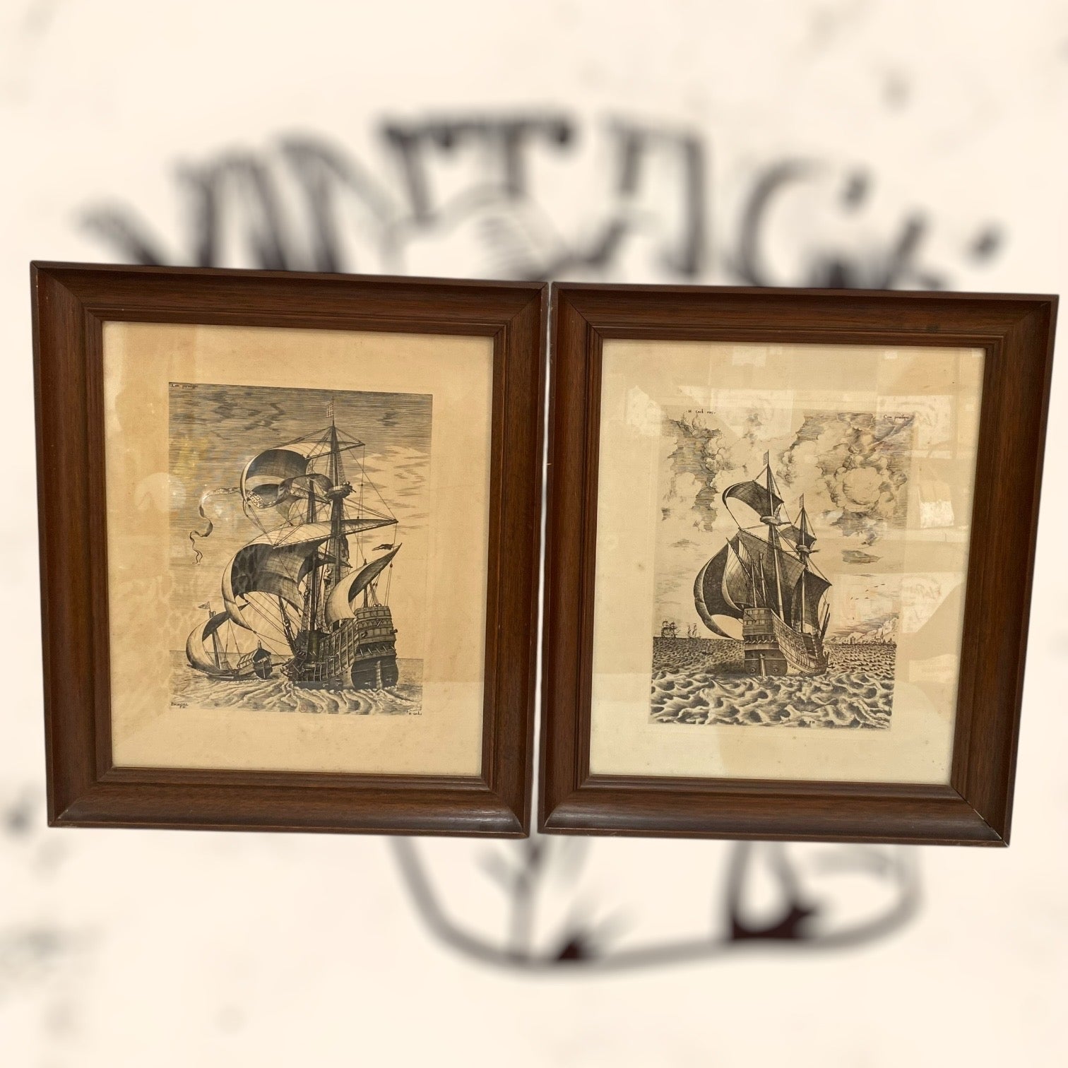 Pareja de grabados Navíos de guerra de Pieter Bruegel antiguos