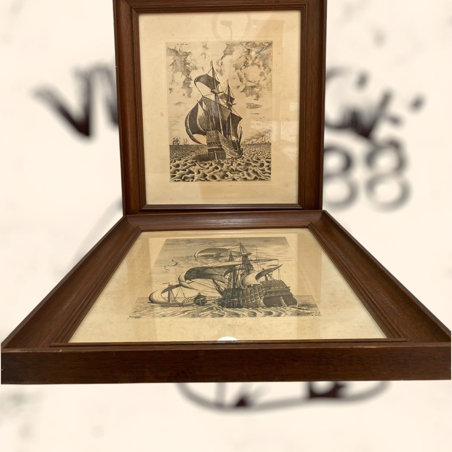 Pareja de grabados Navíos de guerra de Pieter Bruegel antiguos