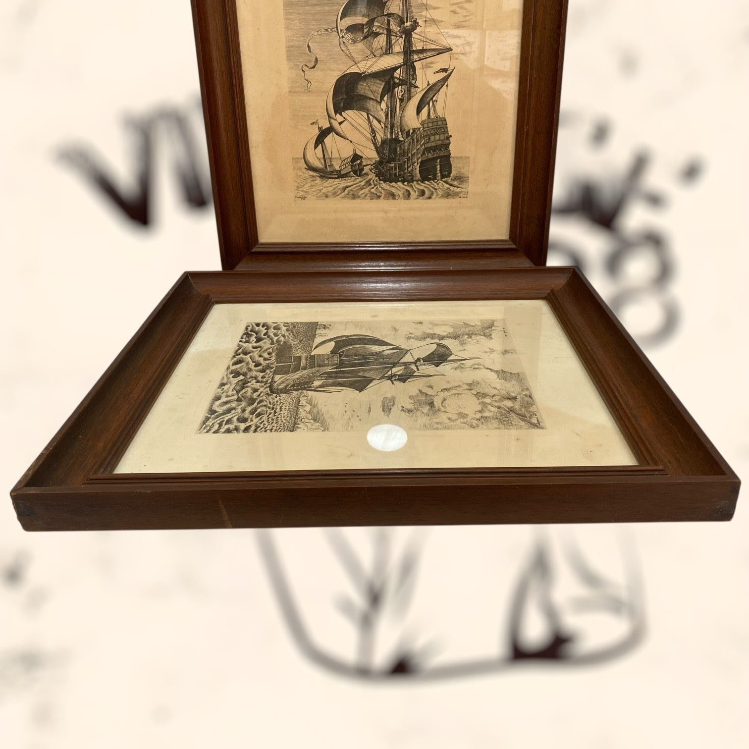 Pareja de grabados Navíos de guerra de Pieter Bruegel antiguos