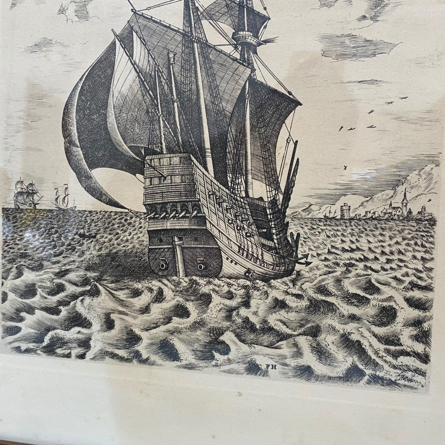 Pareja de grabados Navíos de guerra de Pieter Bruegel antiguos