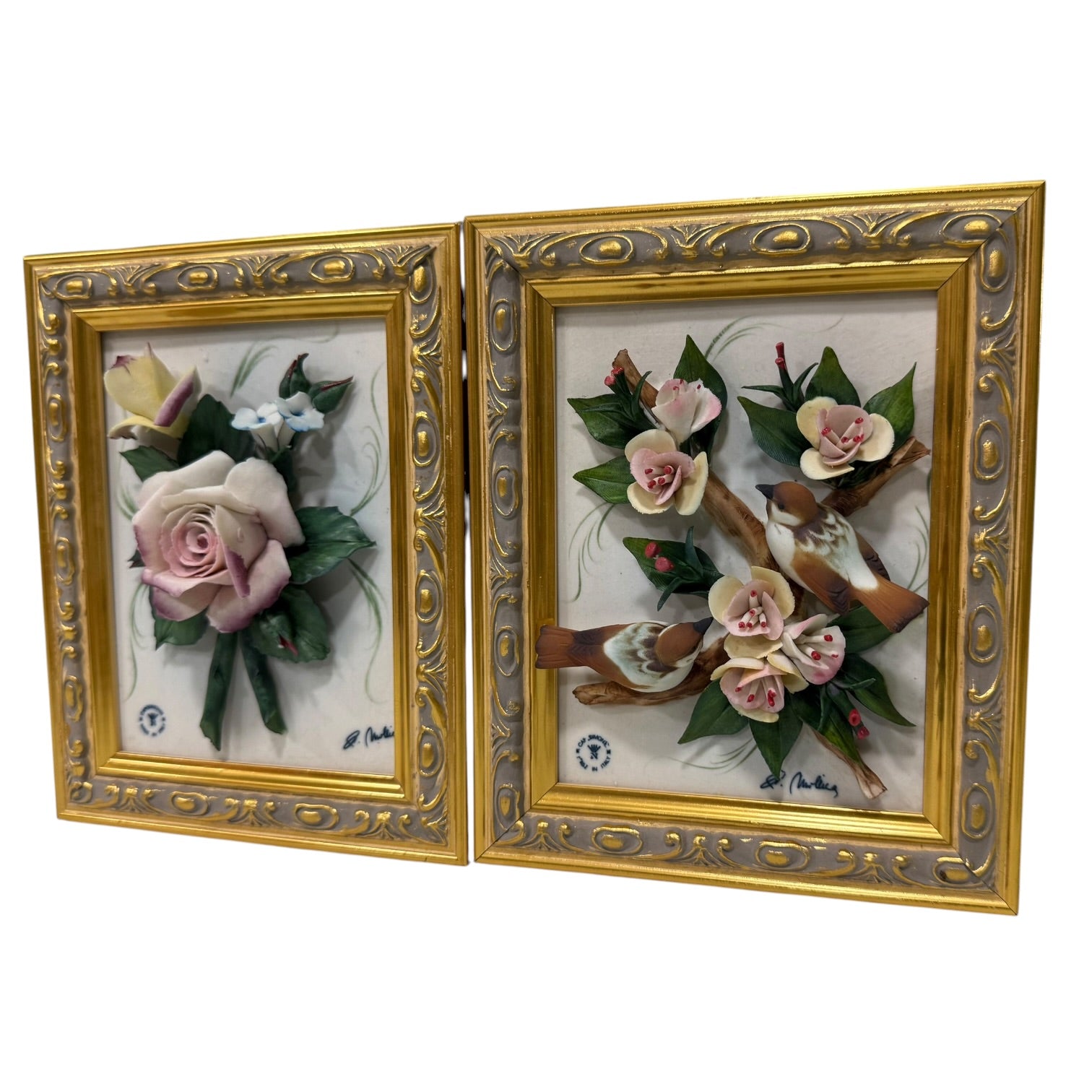 Pareja de cuadros con placas de porcelana Italiana Capodimonte vintage