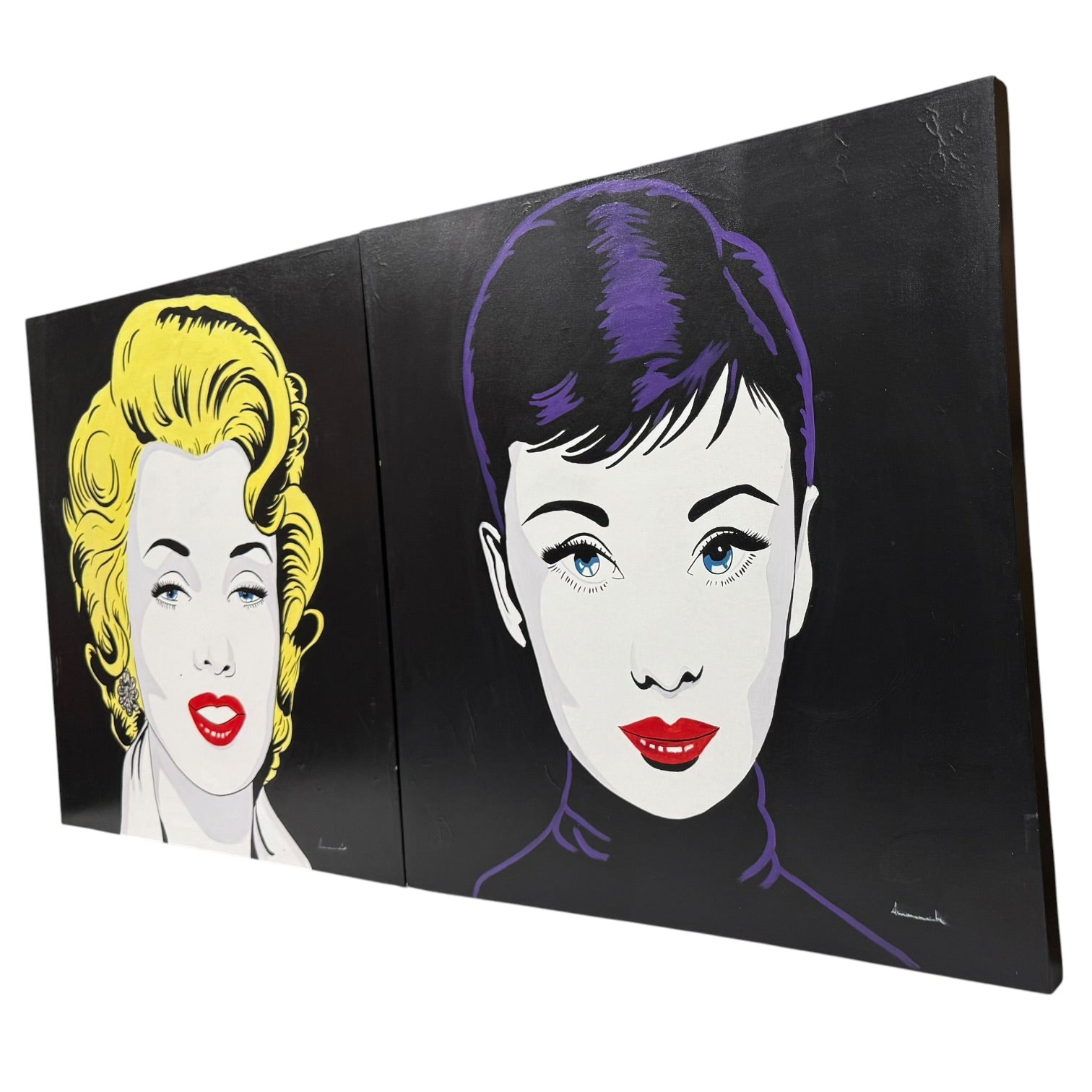 Pareja de pinturas Art Pop de Marilyn Monroe y Audrey Hepburn firmados por Amanache