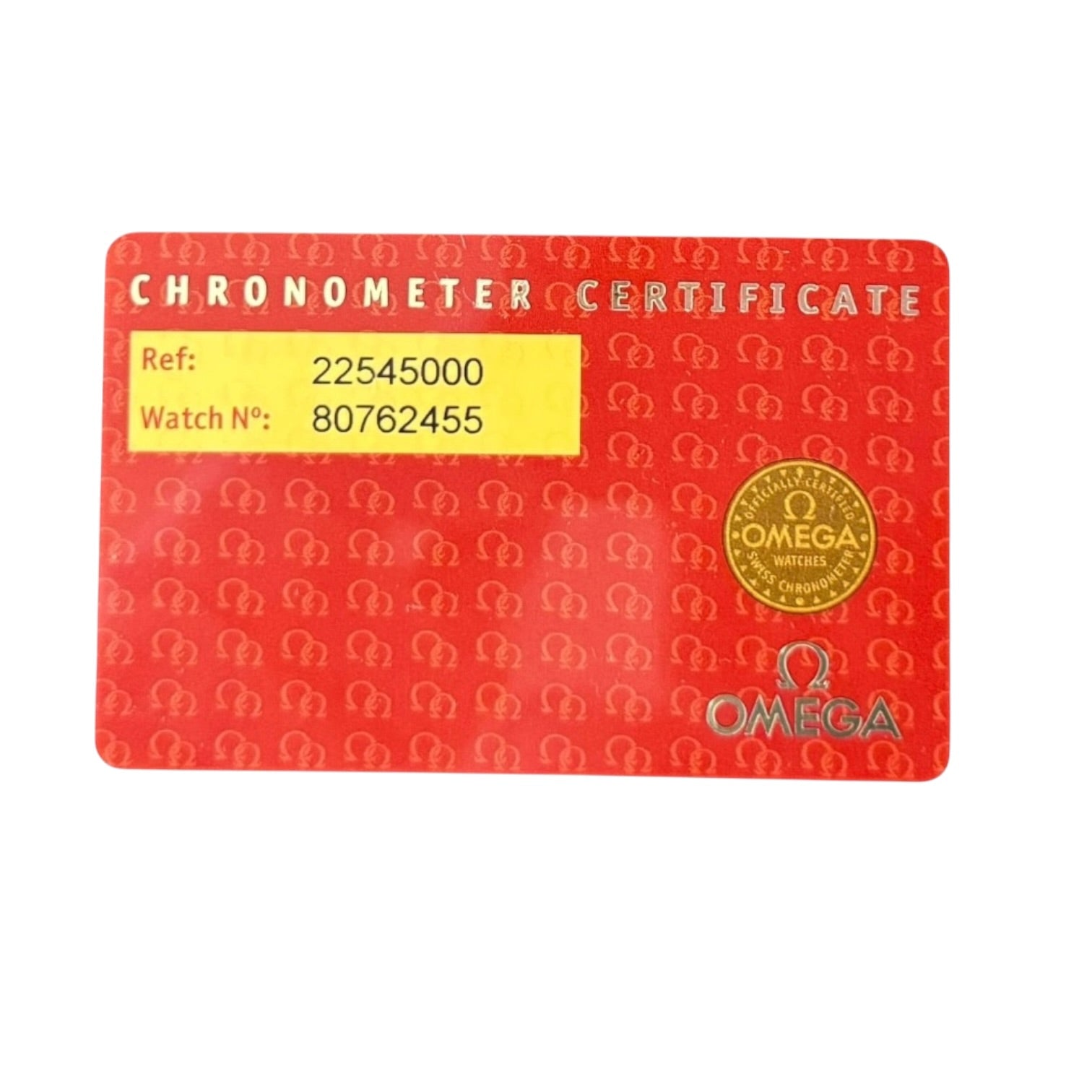 Tarjeta de Certificado Chronometer del reloj Omega Seamaster Ref. 2254.50.00