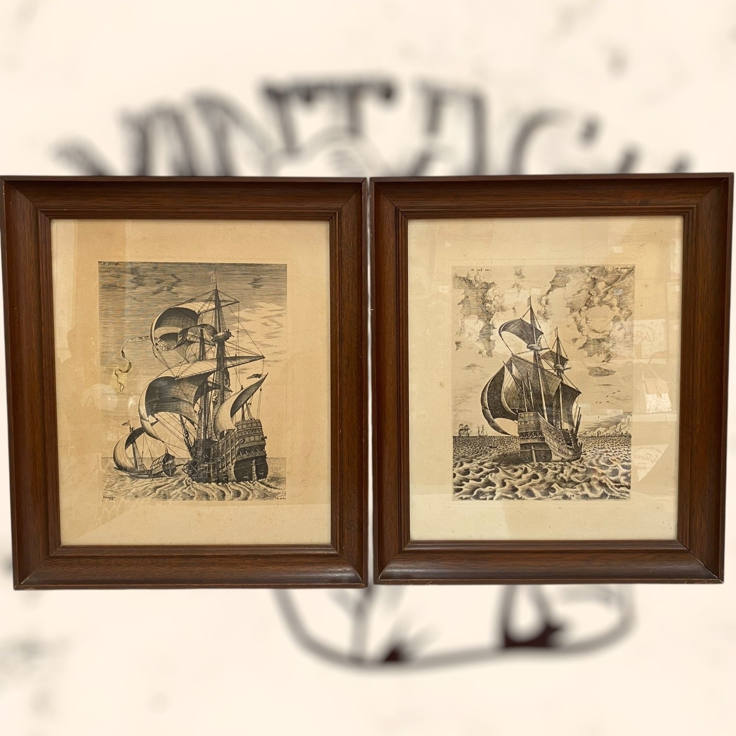 Pareja de grabados Navíos de guerra de Pieter Bruegel antiguos