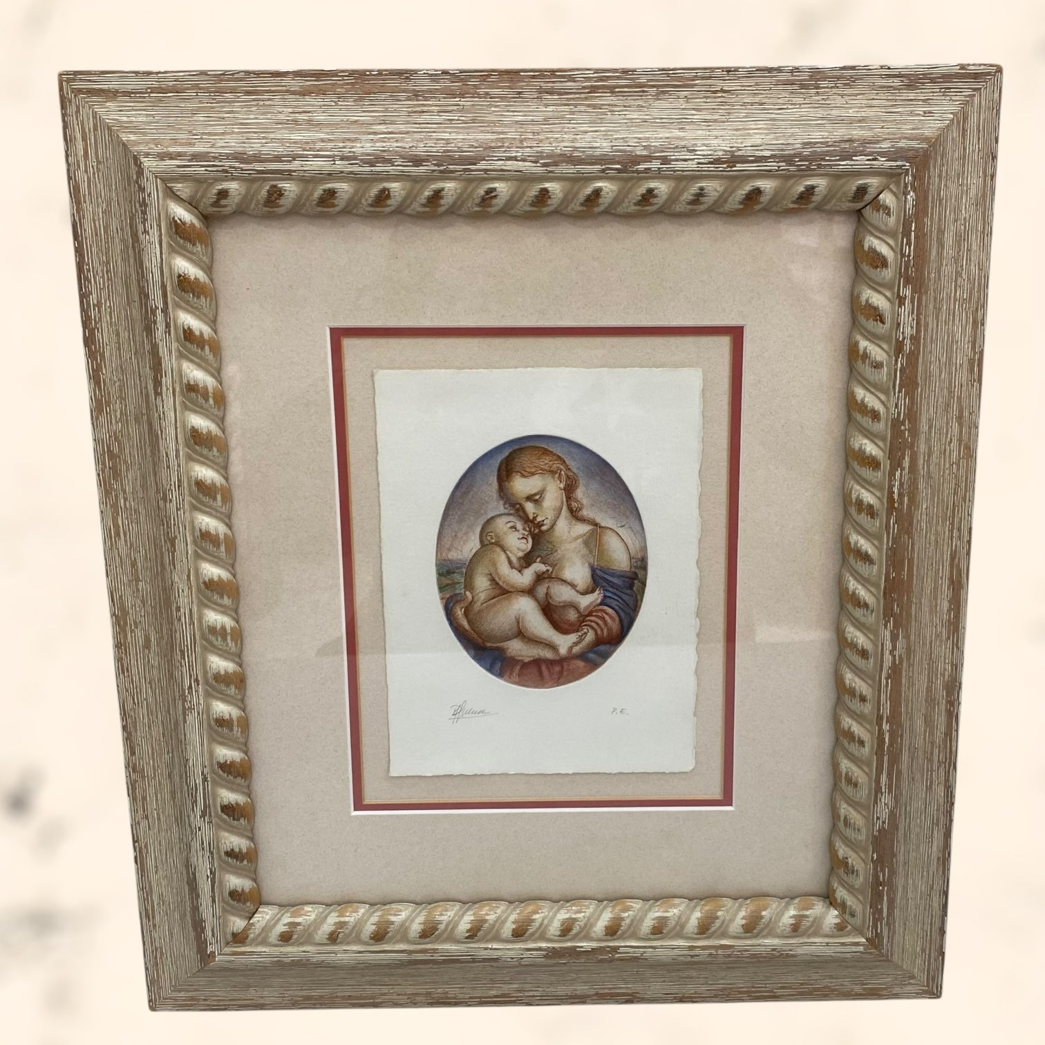 Grabado Santa Madonna e il Bambino firmado a mano P. E