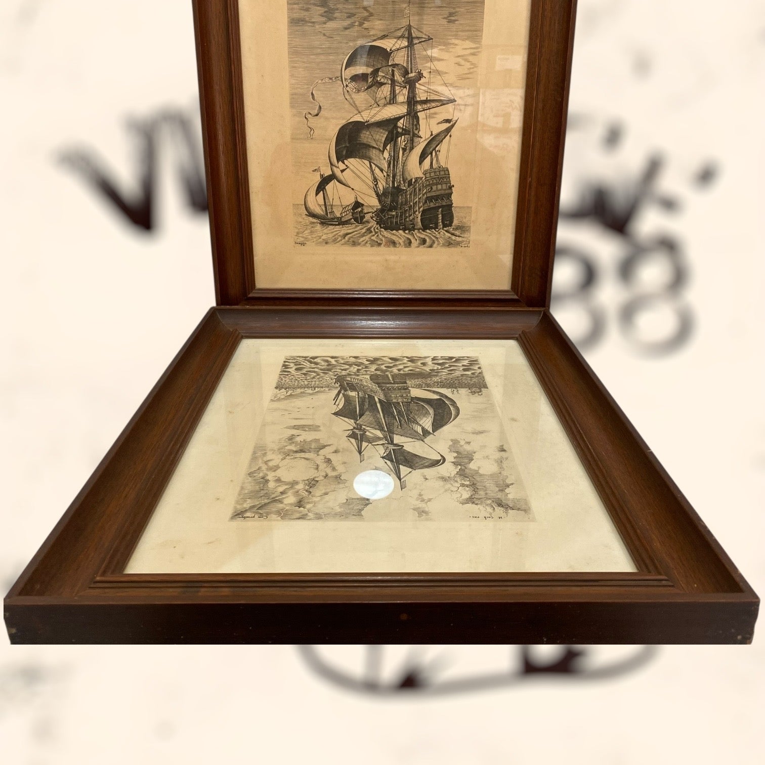 Pareja de grabados Navíos de guerra de Pieter Bruegel antiguos