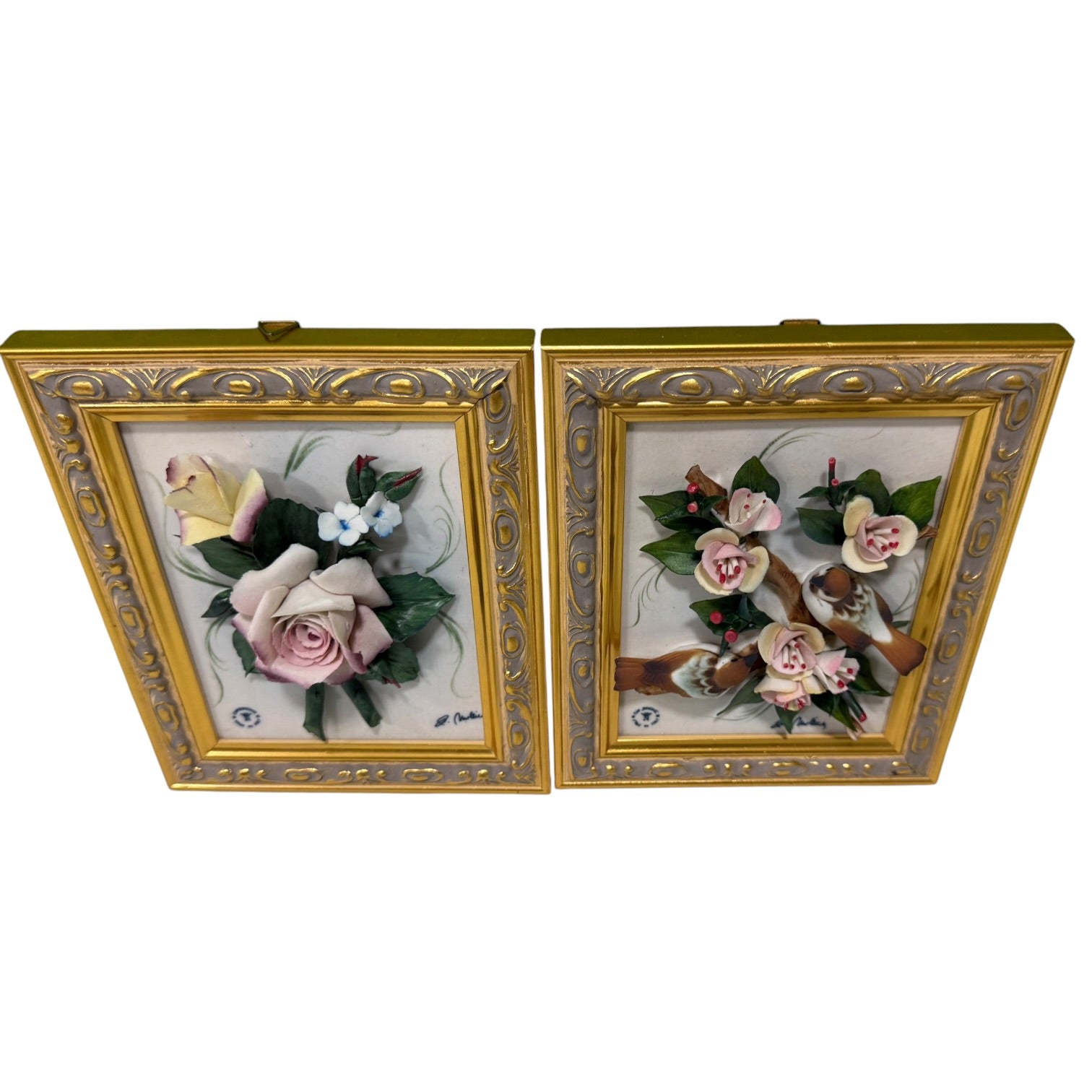 Pareja de cuadros con placas de porcelana Italiana Capodimonte vintage