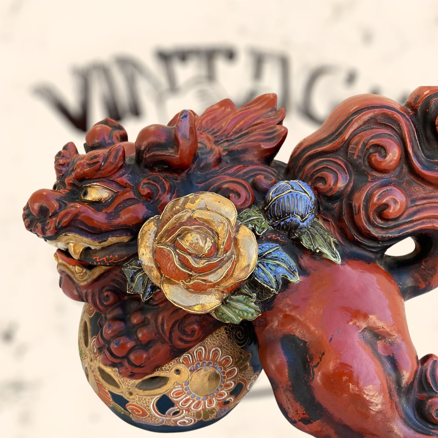 Dragón Foo de Feng Shui de cerámica Japonesa Kutani