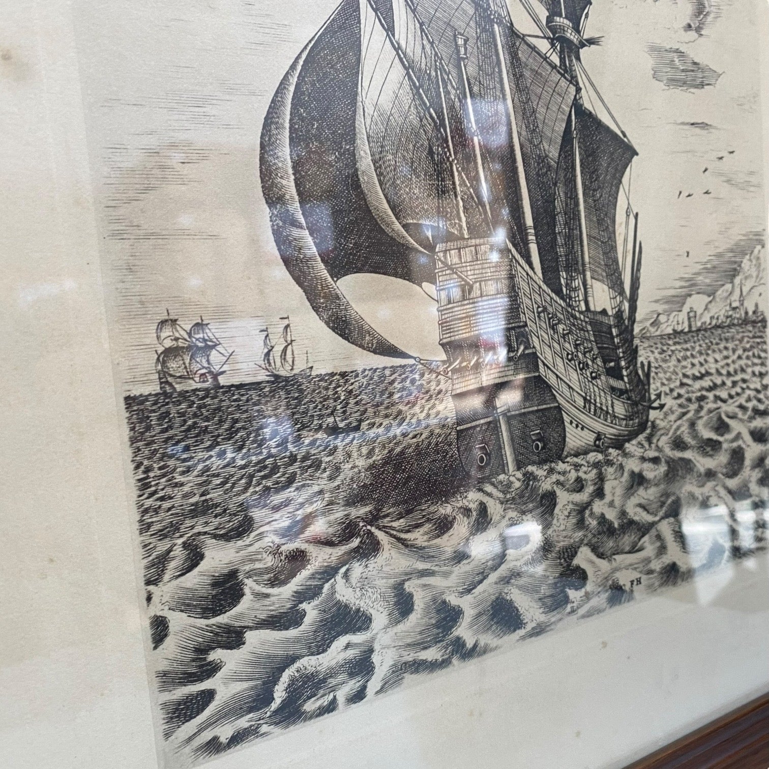 Pareja de grabados Navíos de guerra de Pieter Bruegel antiguos