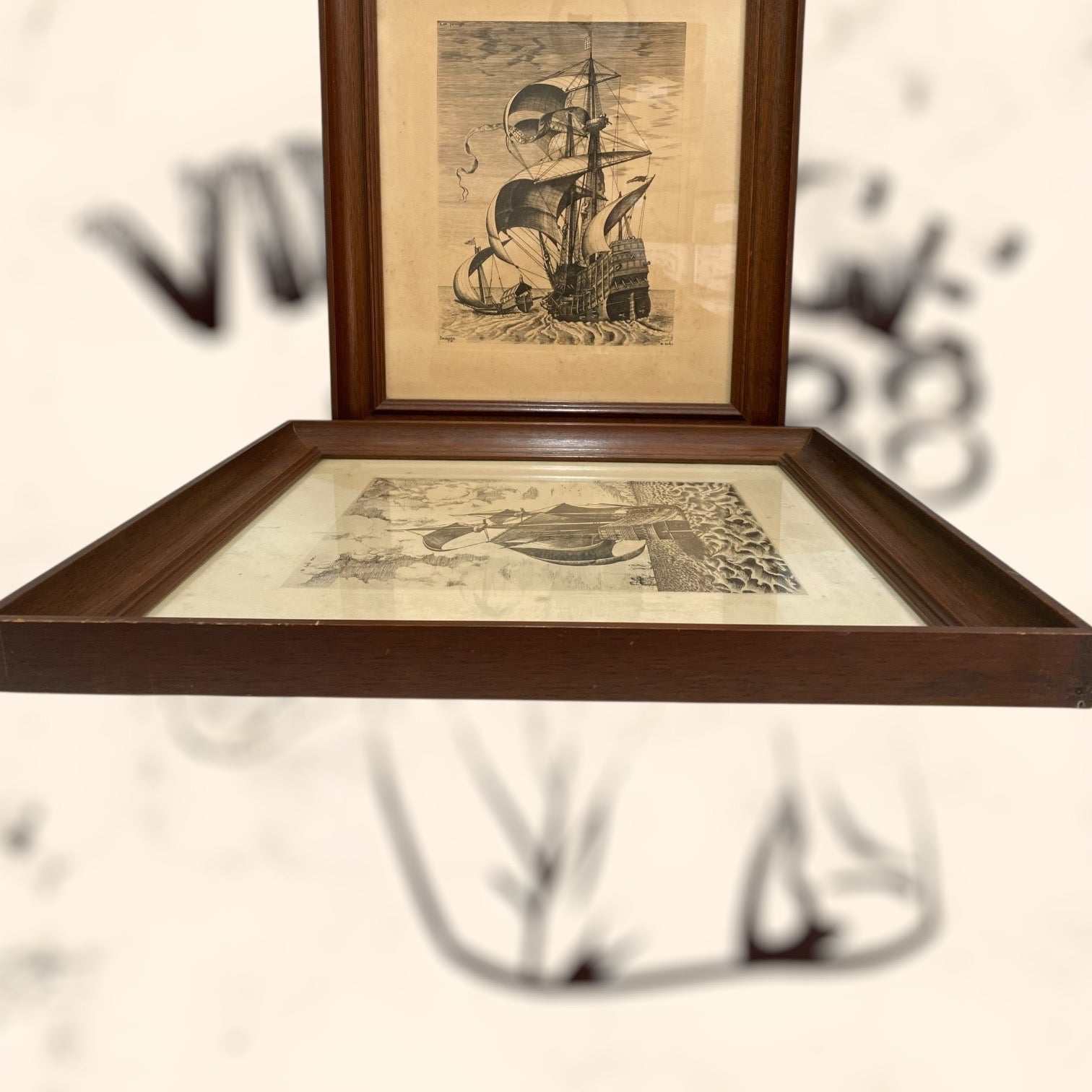 Pareja de grabados Navíos de guerra de Pieter Bruegel antiguos