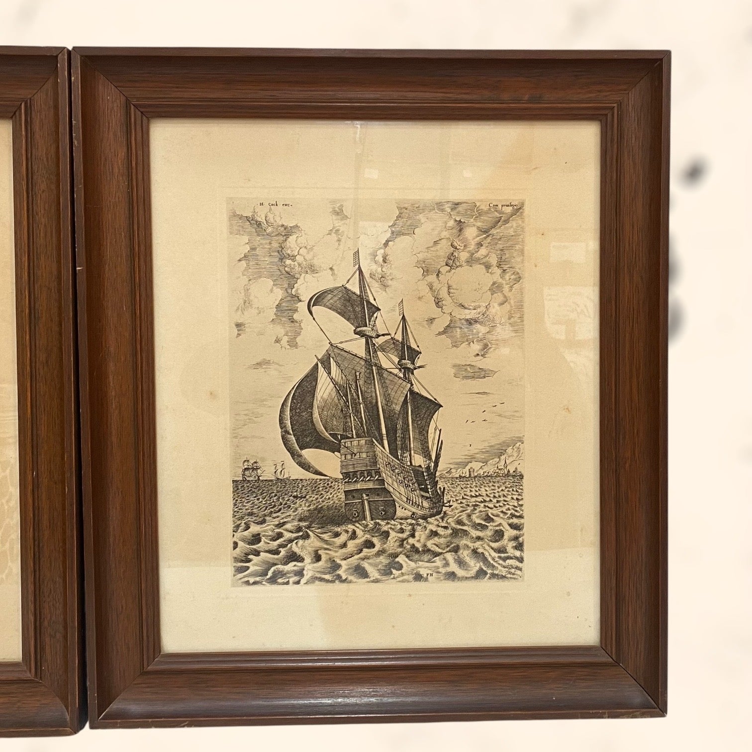 Pareja de grabados Navíos de guerra de Pieter Bruegel antiguos