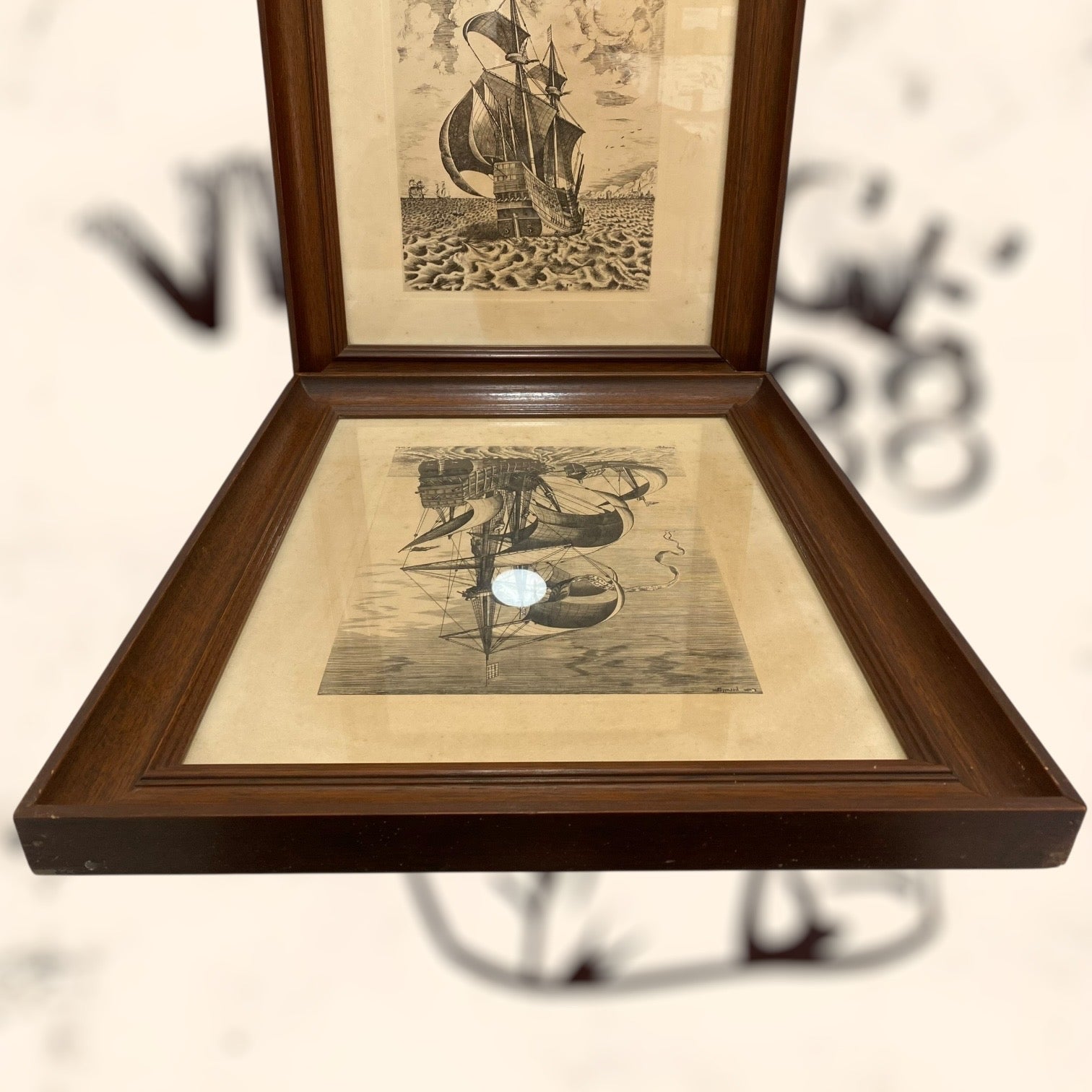 Pareja de grabados Navíos de guerra de Pieter Bruegel antiguos