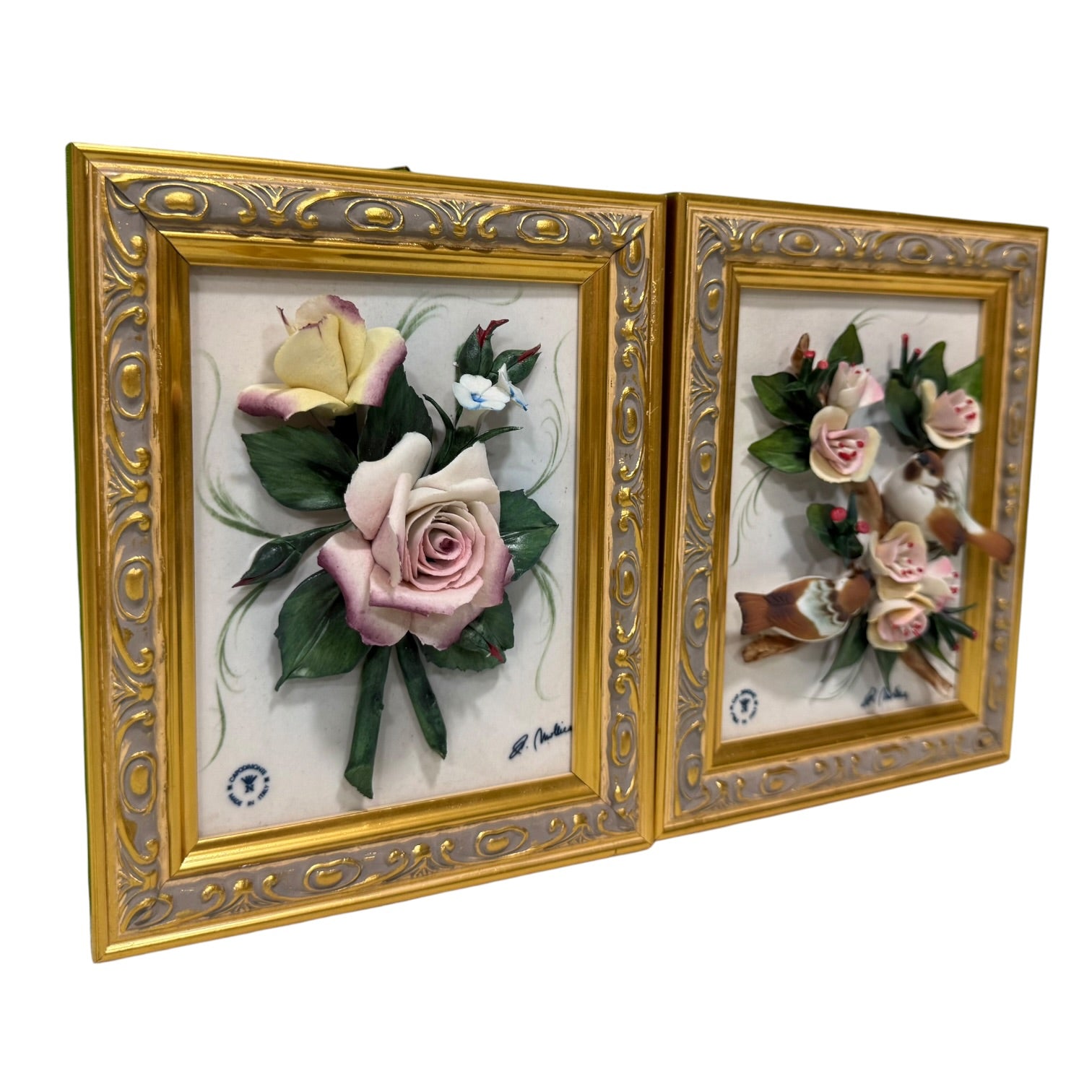 Pareja de cuadros con placas de porcelana Italiana Capodimonte vintage