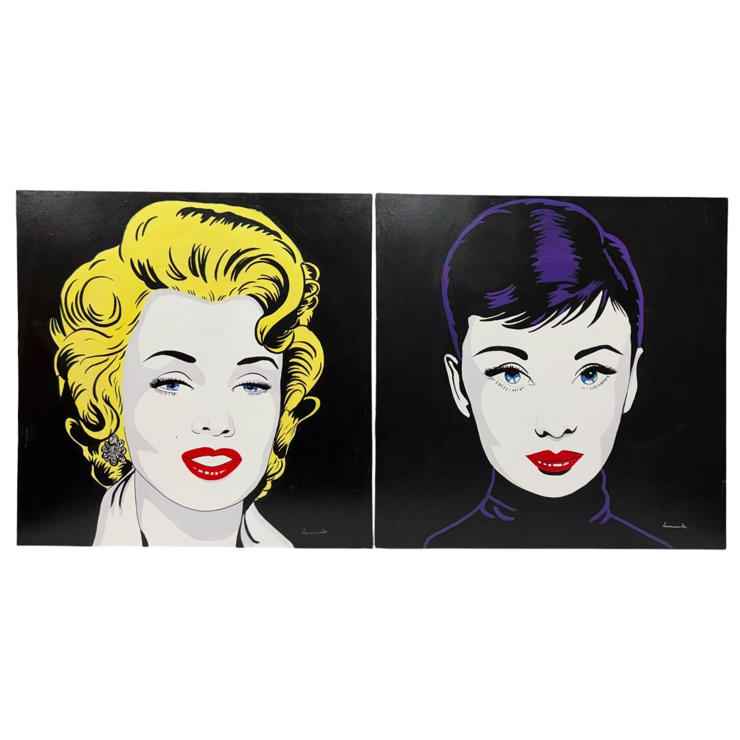 Gemäldepaar im Art-Pop-Stil von Marilyn Monroe und Audrey Hepburn, signiert von Amanache