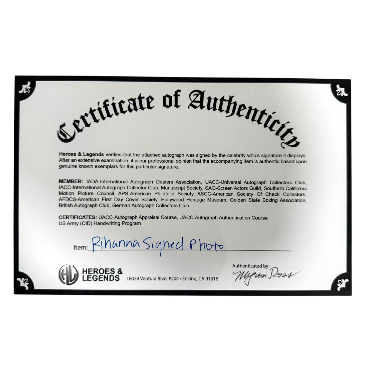 Fotografía de Rihanna con autógrafo original certificado