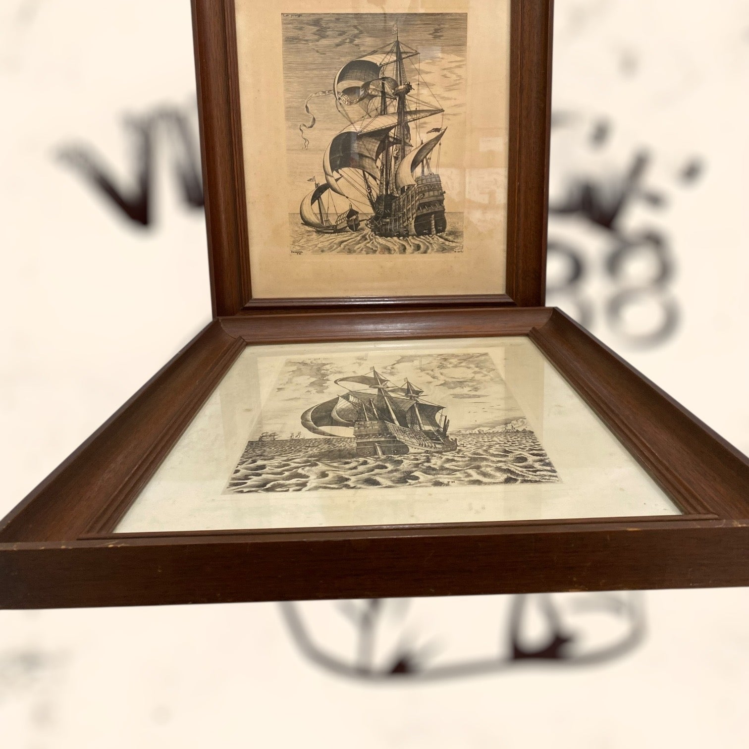 Pareja de grabados Navíos de guerra de Pieter Bruegel antiguos